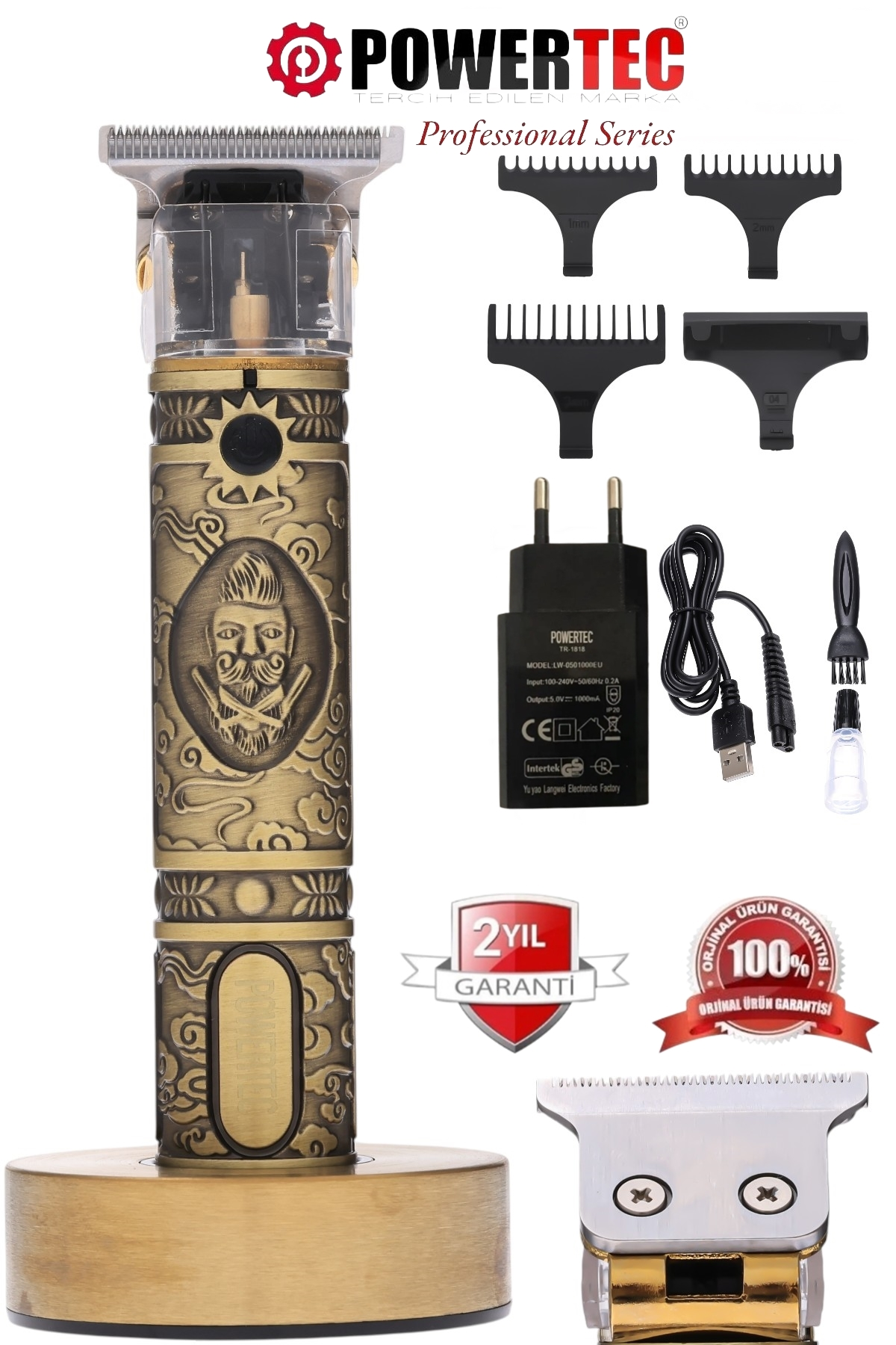 Sakallı motifli altın rengi saç kesme makinesi, şarj adaptörü ve aparatları beyaz fonda.