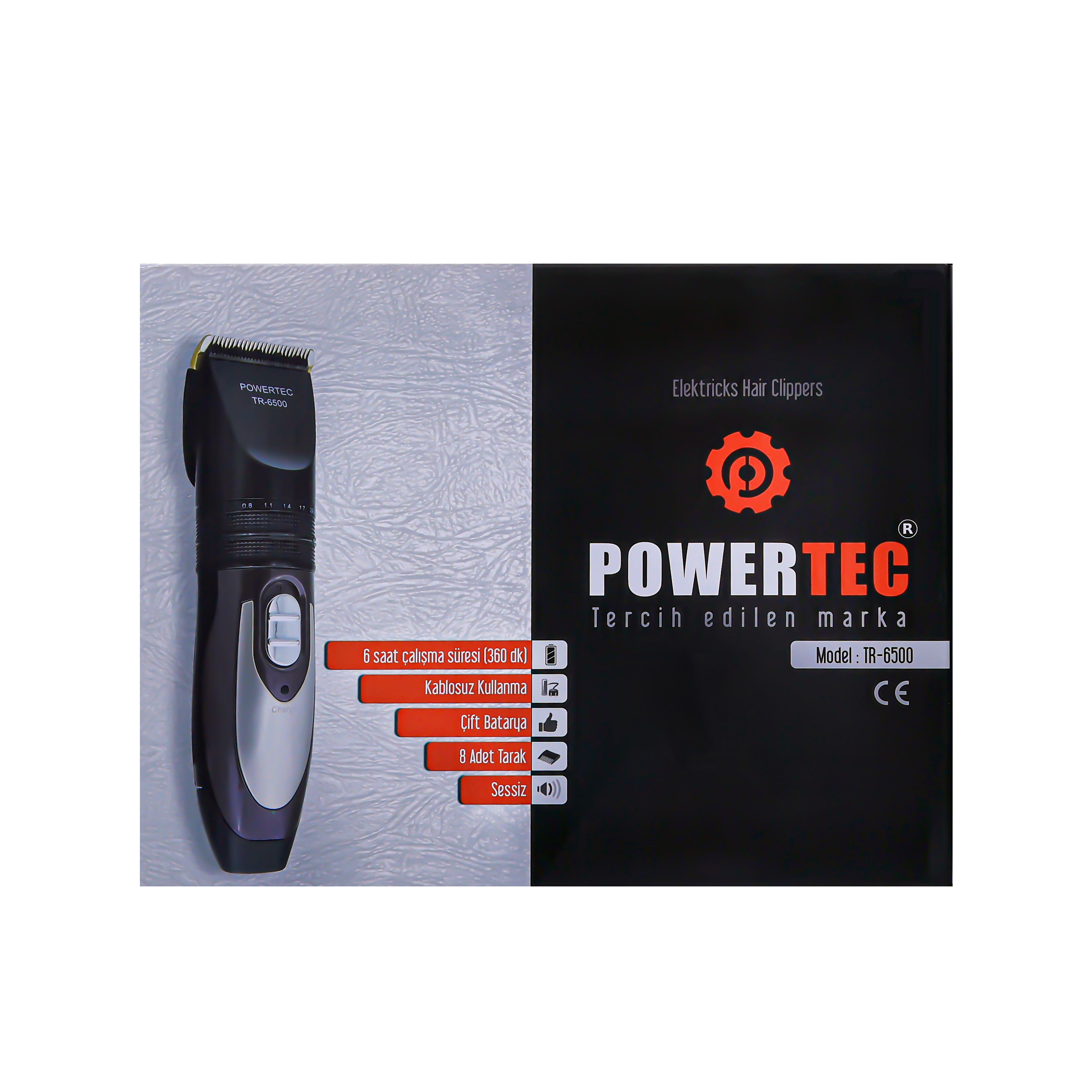 Siyah POWERTEC TR-6500 saç kesme makinesi, aksesuarlar ve detaylar.