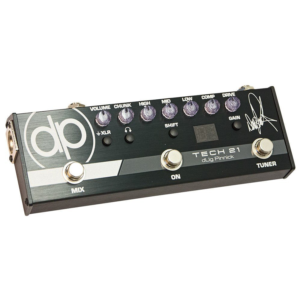Siyah Tech 21 dUg Pinnick pedalı: Volume, Chunk, High, Mid, Low, Comp, Drive düğmeleri.