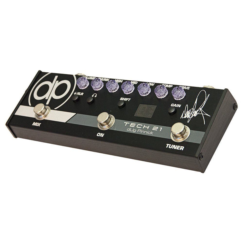 Siyah Tech 21 dUg Pinnick pedalı düğmeler, MIX, ON, TUNER, GAIN etiketli.