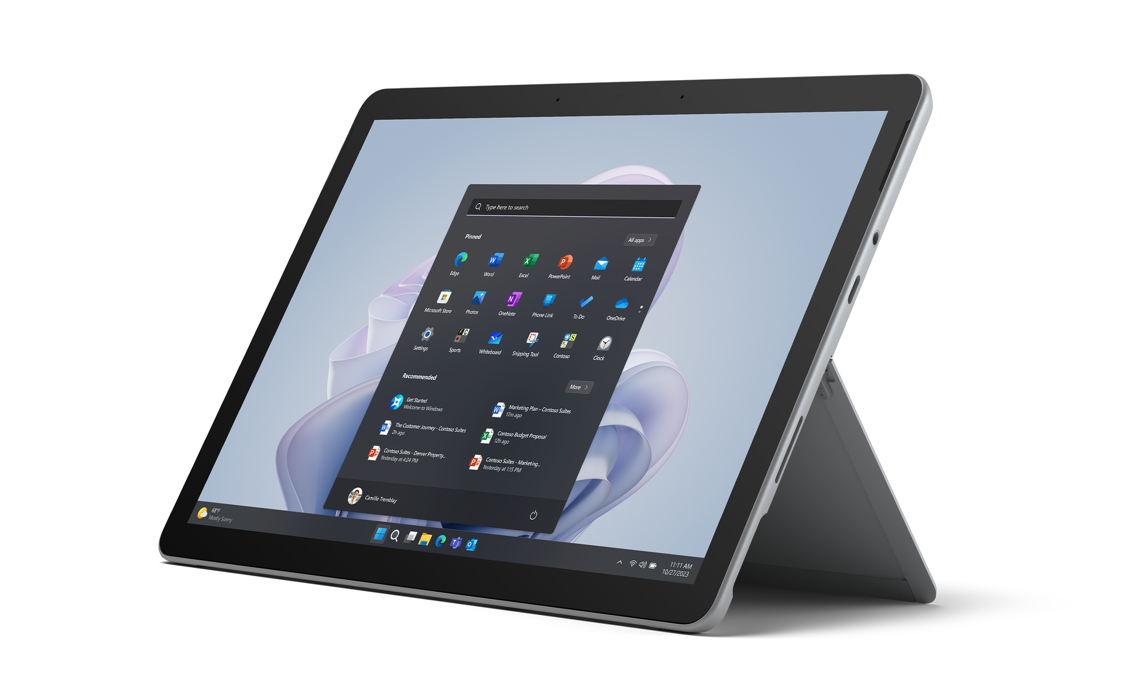 A laptop displaying an open Start menu with apps and recommended items.