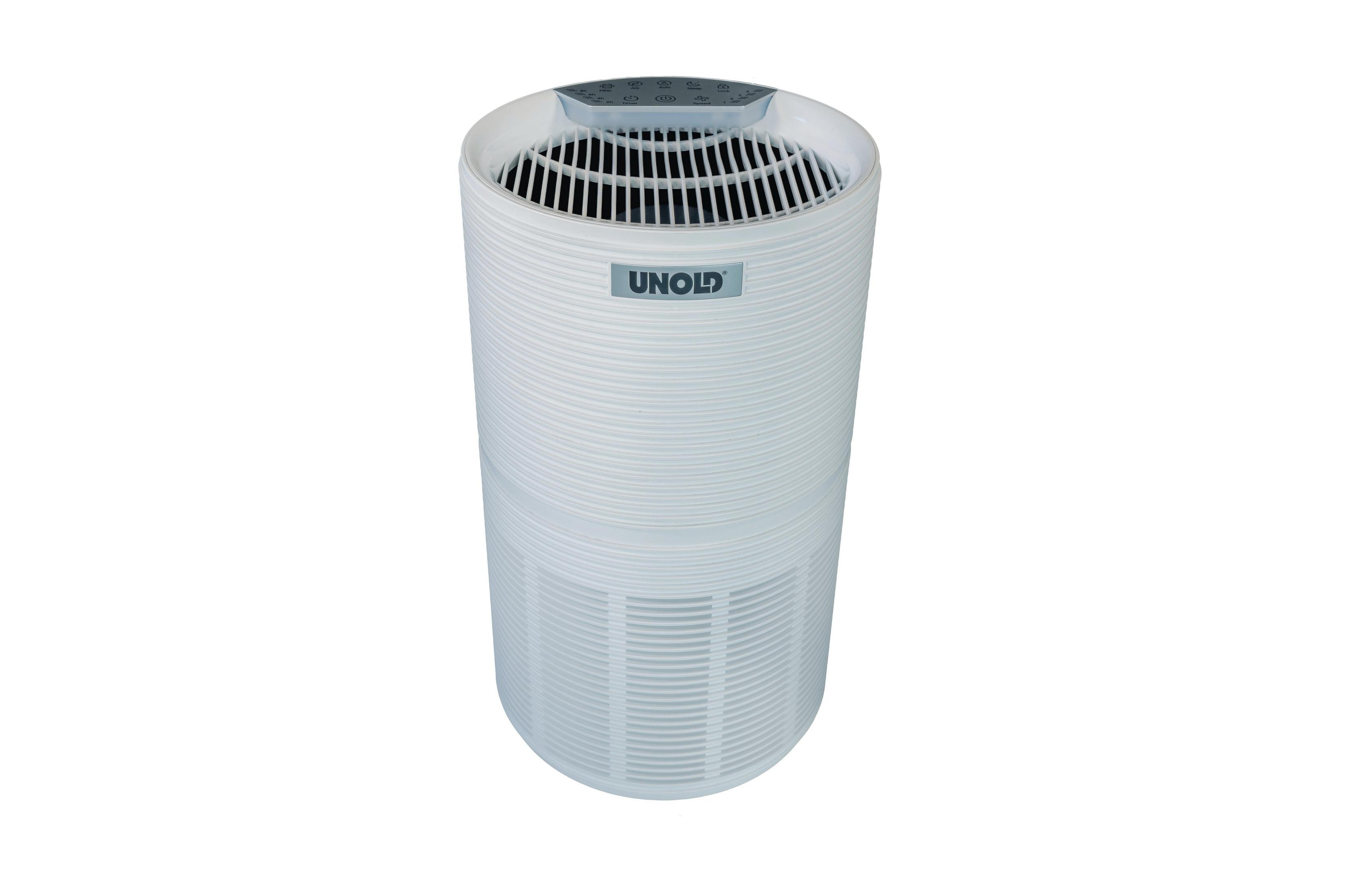 Un purificatore d'aria bianco con logo UNOLD e pannello di controllo.