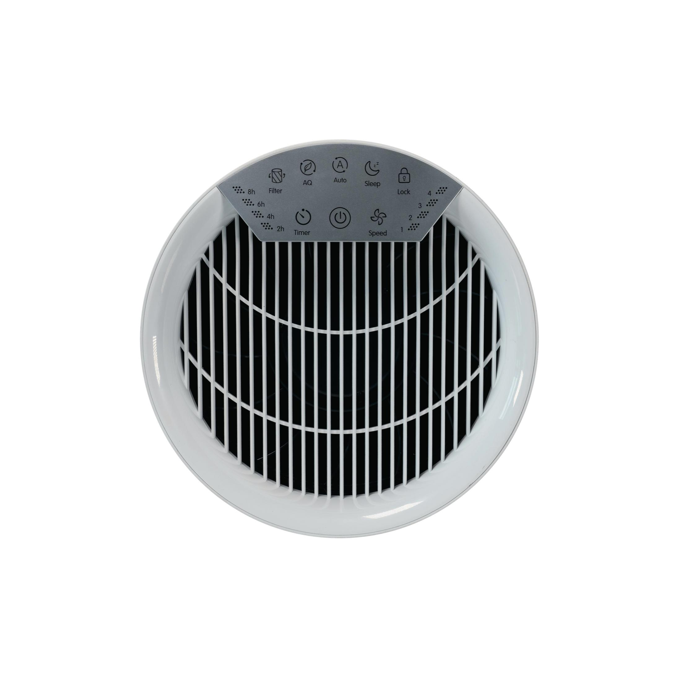 Un purificatore d'aria bianco con pannello di controllo e fessure di ventilazione.