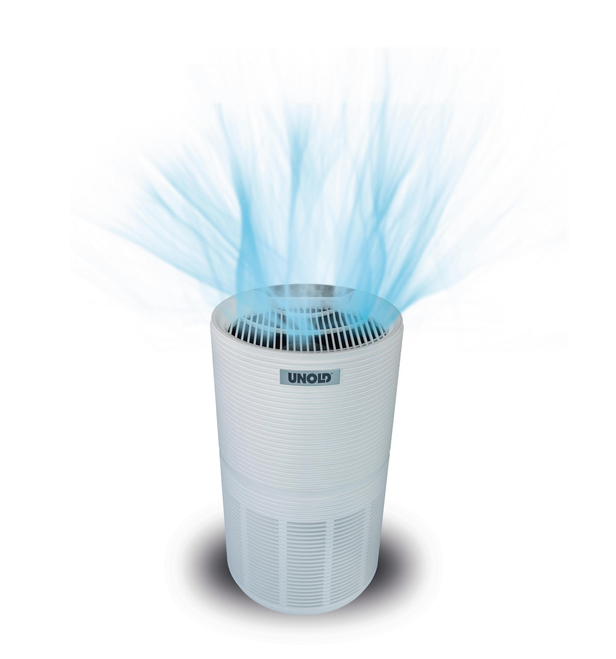 Un purificatore d'aria bianco con nebbia blu che sale.