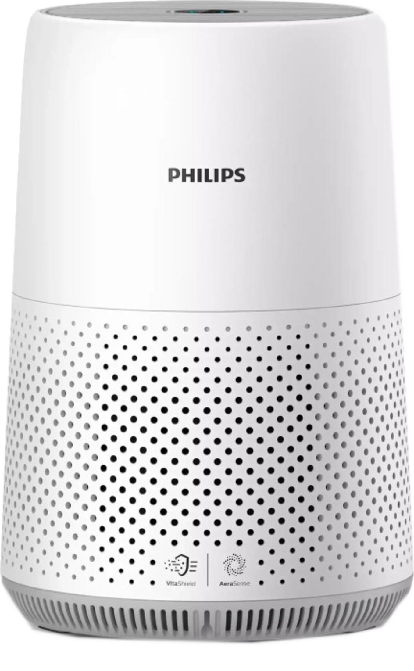 Un purificatore d'aria Philips bianco con base e coperchio grigi. La sezione centrale presenta piccoli puntini neri.