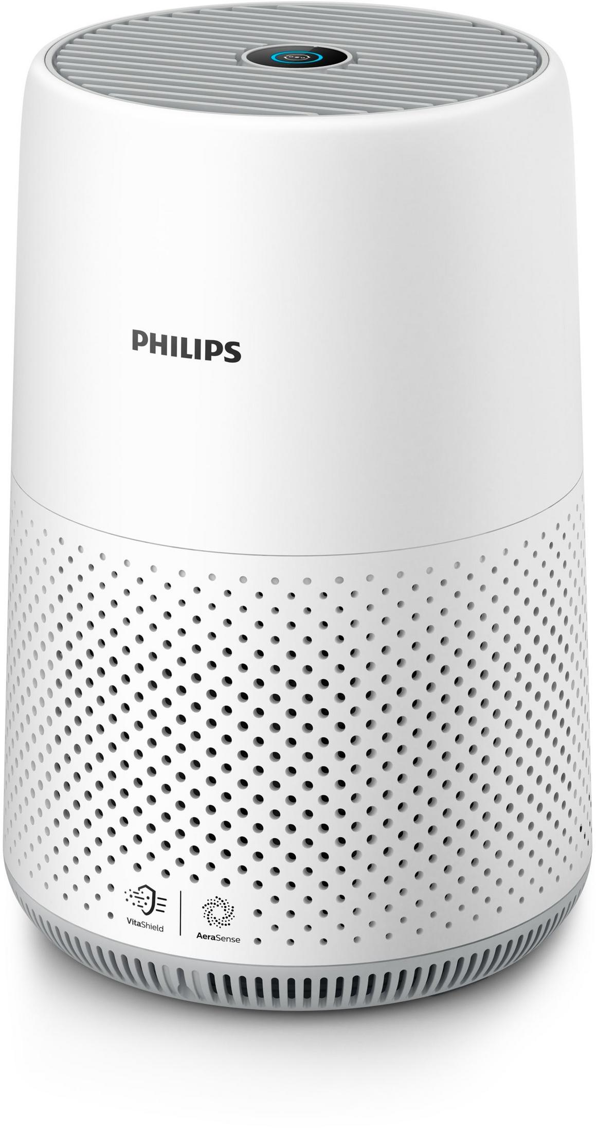 Un purificatore d'aria Philips bianco con corpo traforato e prese d'aria in alto.