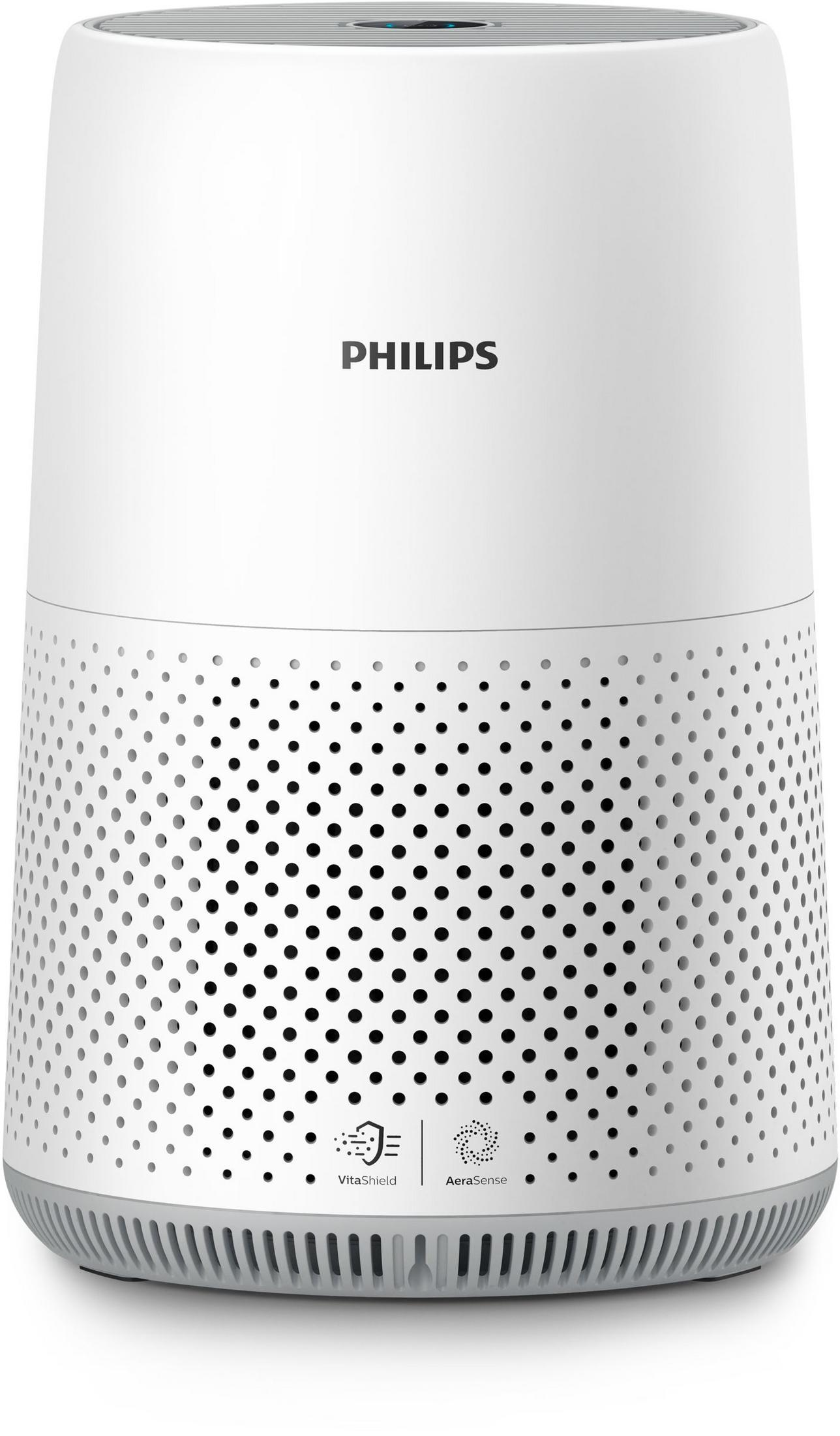 Purificatore d'aria Philips bianco con base grigia e lati traforati. Con VitaShield e AeraSense.