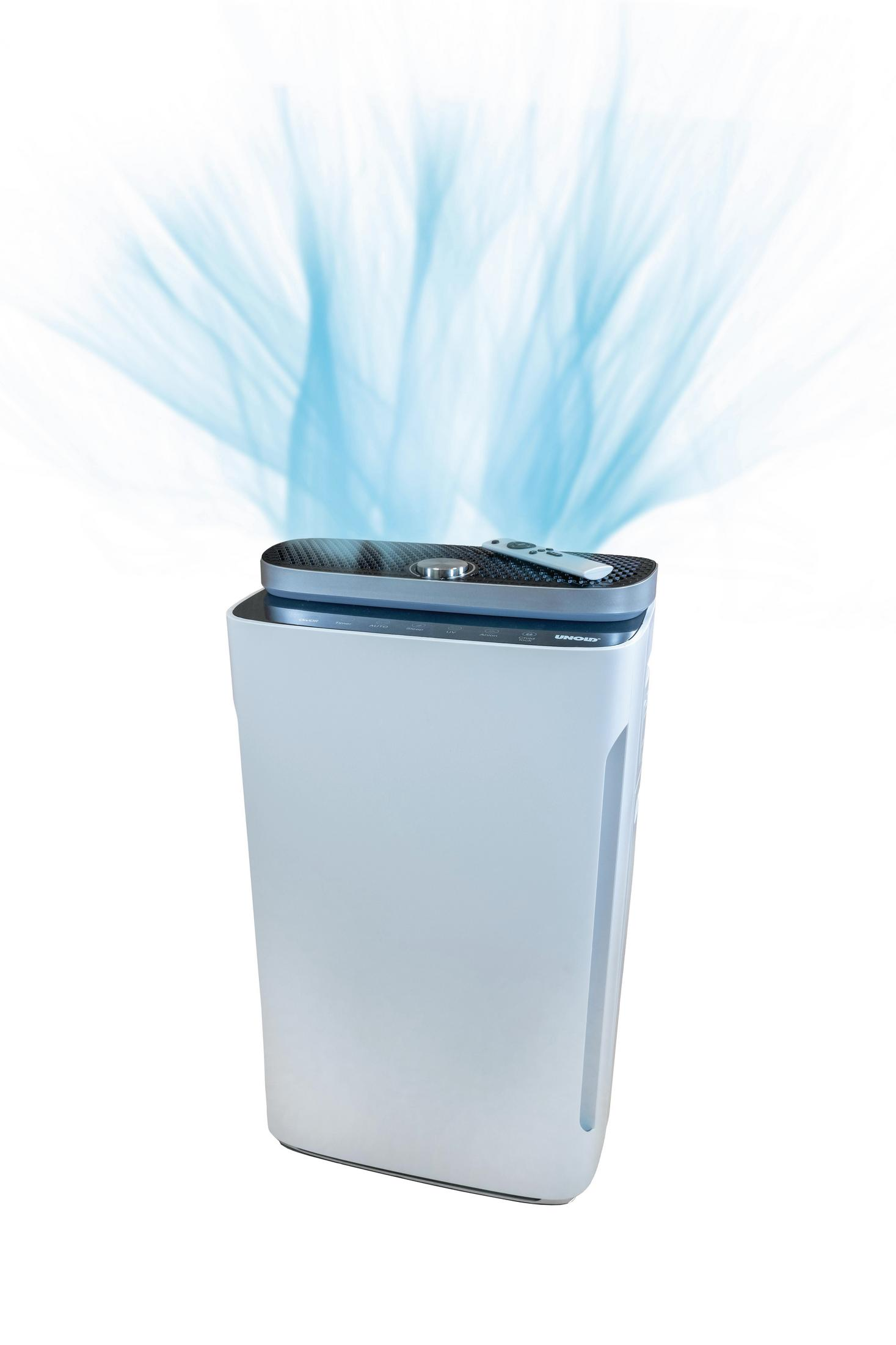 Un purificatore d'aria bianco con flussi d'aria blu che salgono verso l'alto.