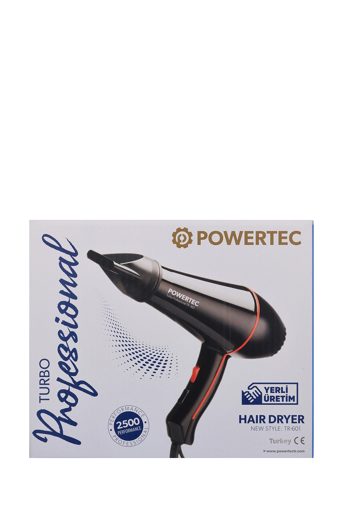 Kırmızı detaylı siyah saç kurutma makinesi, Powertec logosu ve ürün bilgileri.