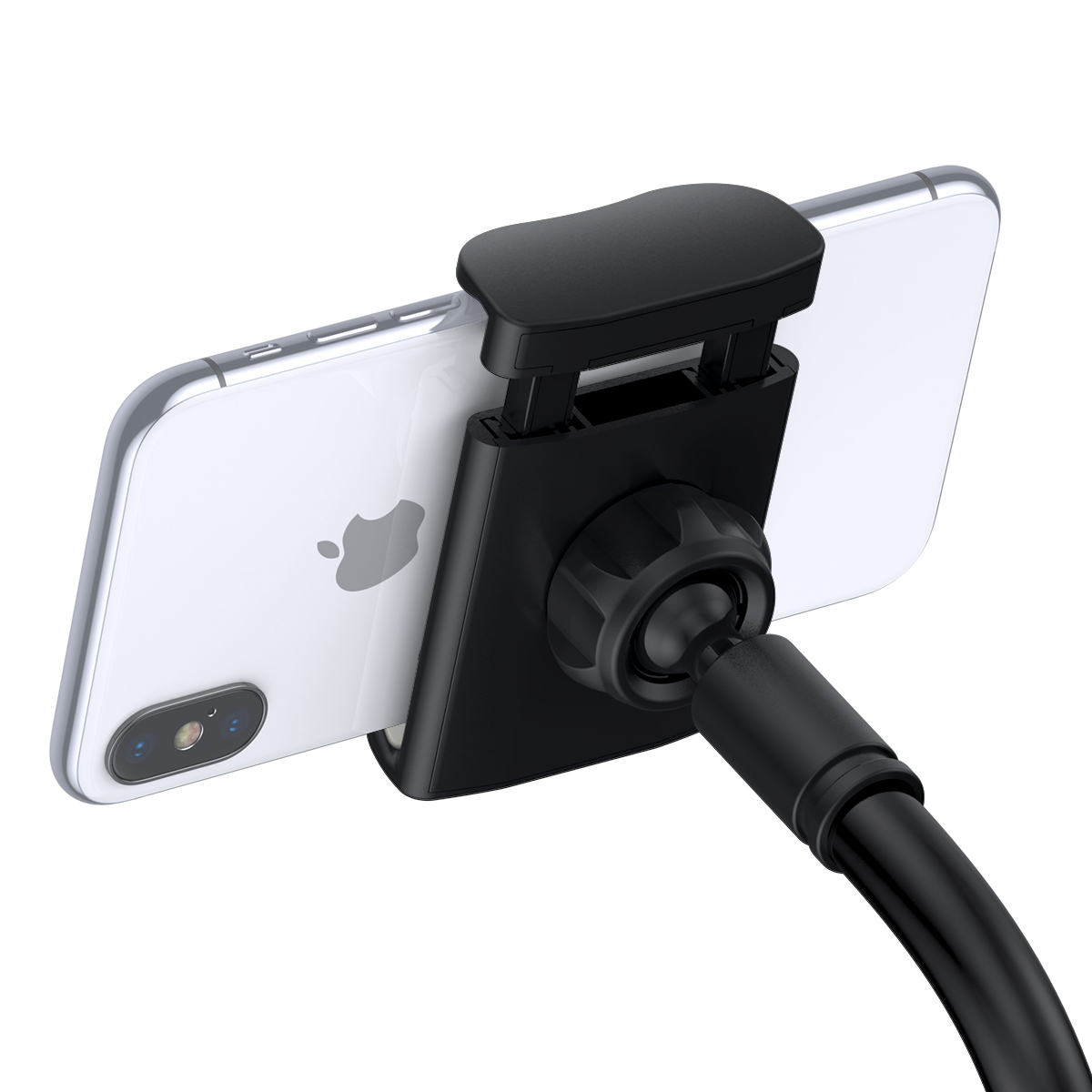 Siyah telefon tutucu beyaz bir iPhone'u kavrıyor. Beyaz arka plan.