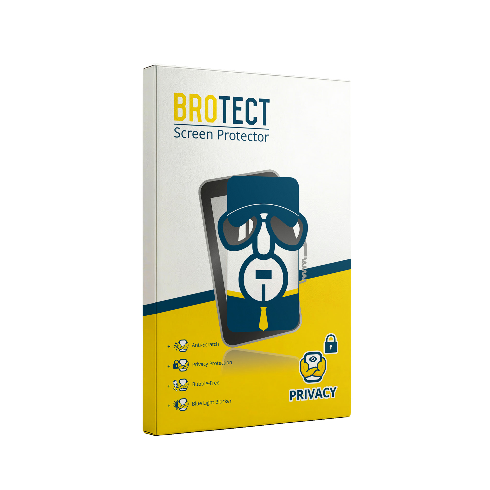 Verpackung mit "BROTECT Screen Protector" Schriftzug und Comic-Figur.