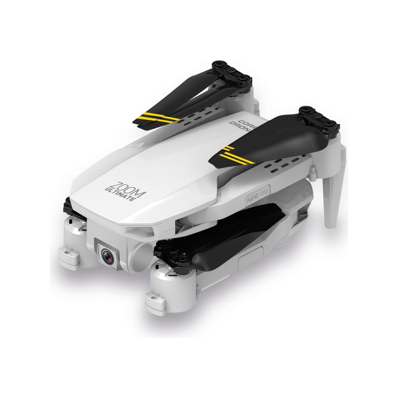 Pervanelerinde sarı vurgular bulunan beyaz ve siyah katlanabilir drone.