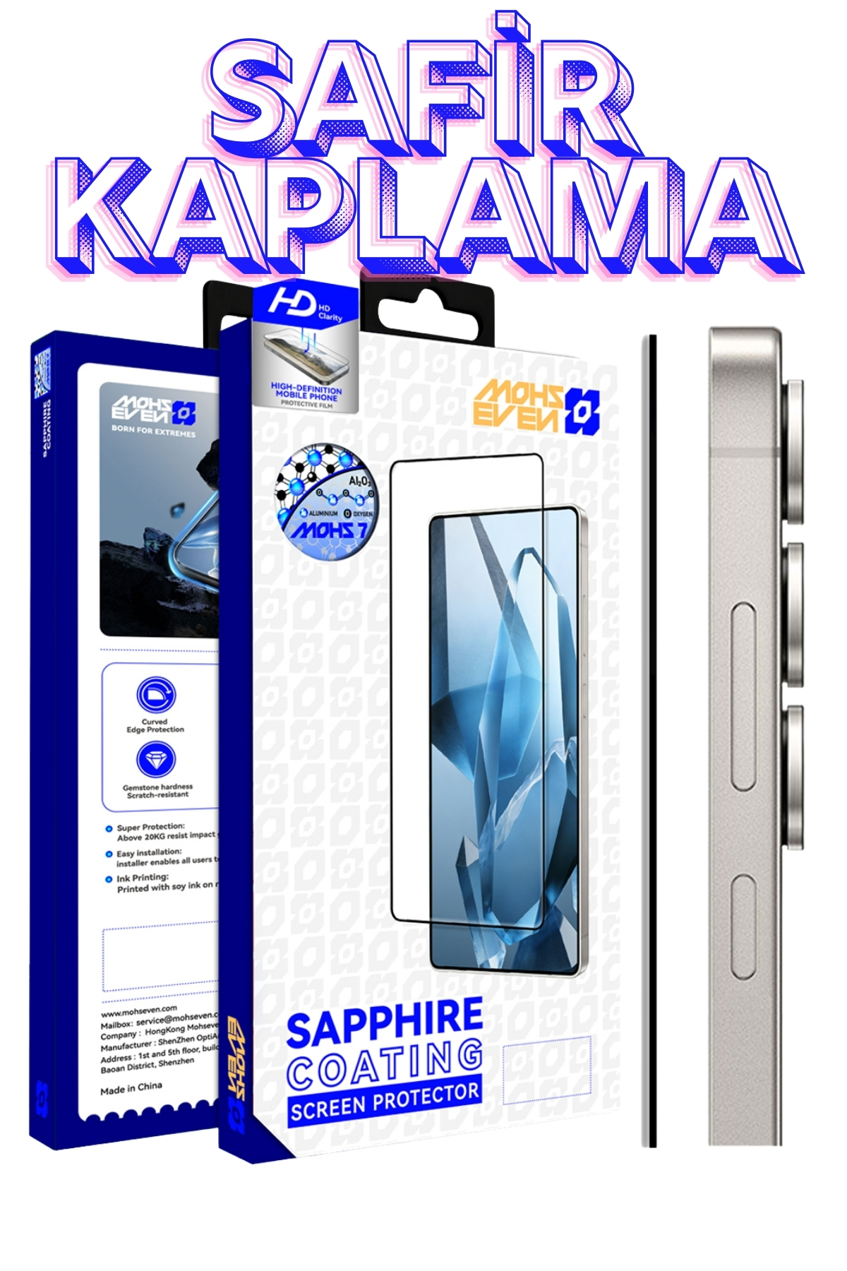 Saphir cep telefonu ekran koruyucu ambalajı, yanında bir telefon.