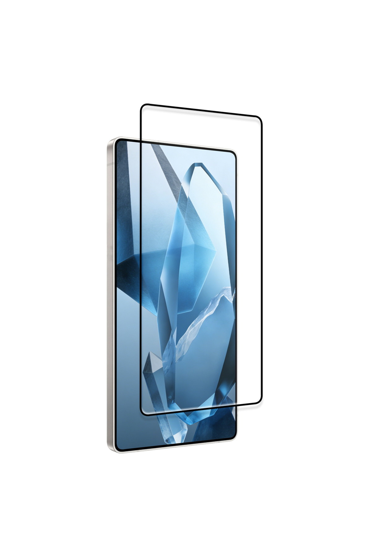 Mavi kristal arka planlı bir akıllı telefonun üzerinde koruyucu cam.