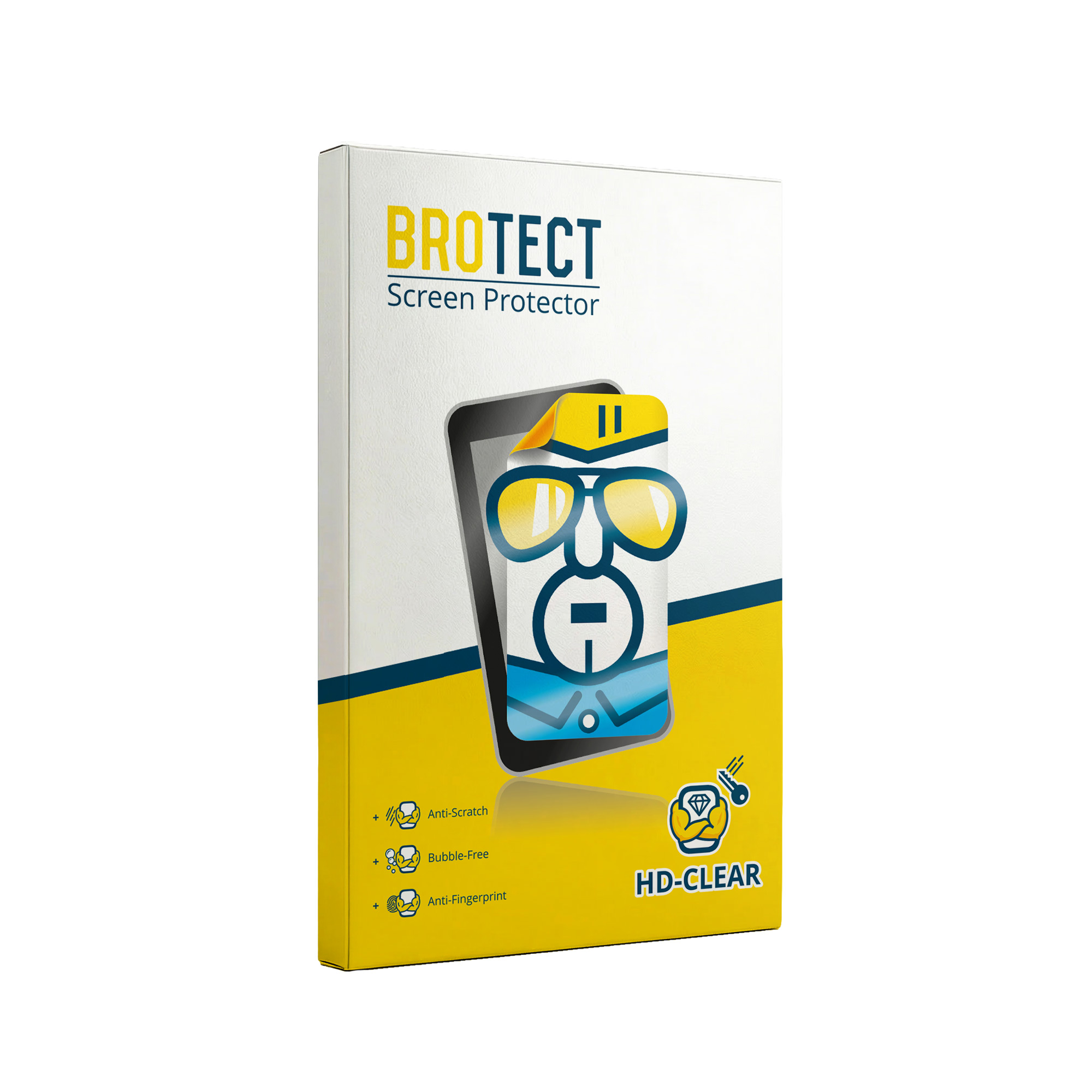 Verpackung für BROTECT Displayschutzfolie mit lustigem Handy-Icon und Produktmerkmalen.
