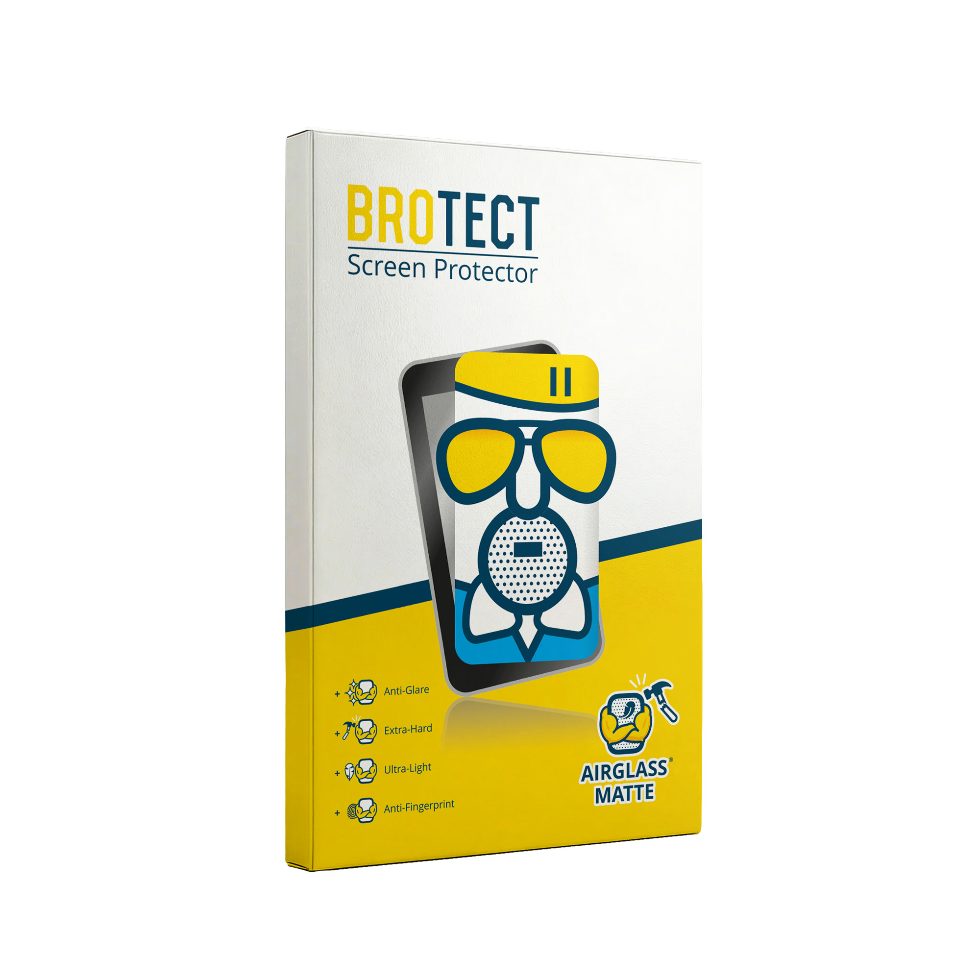 Verpackung für BROTECT Displayschutzfolie mit Comic-Figur und Produkteigenschaften.