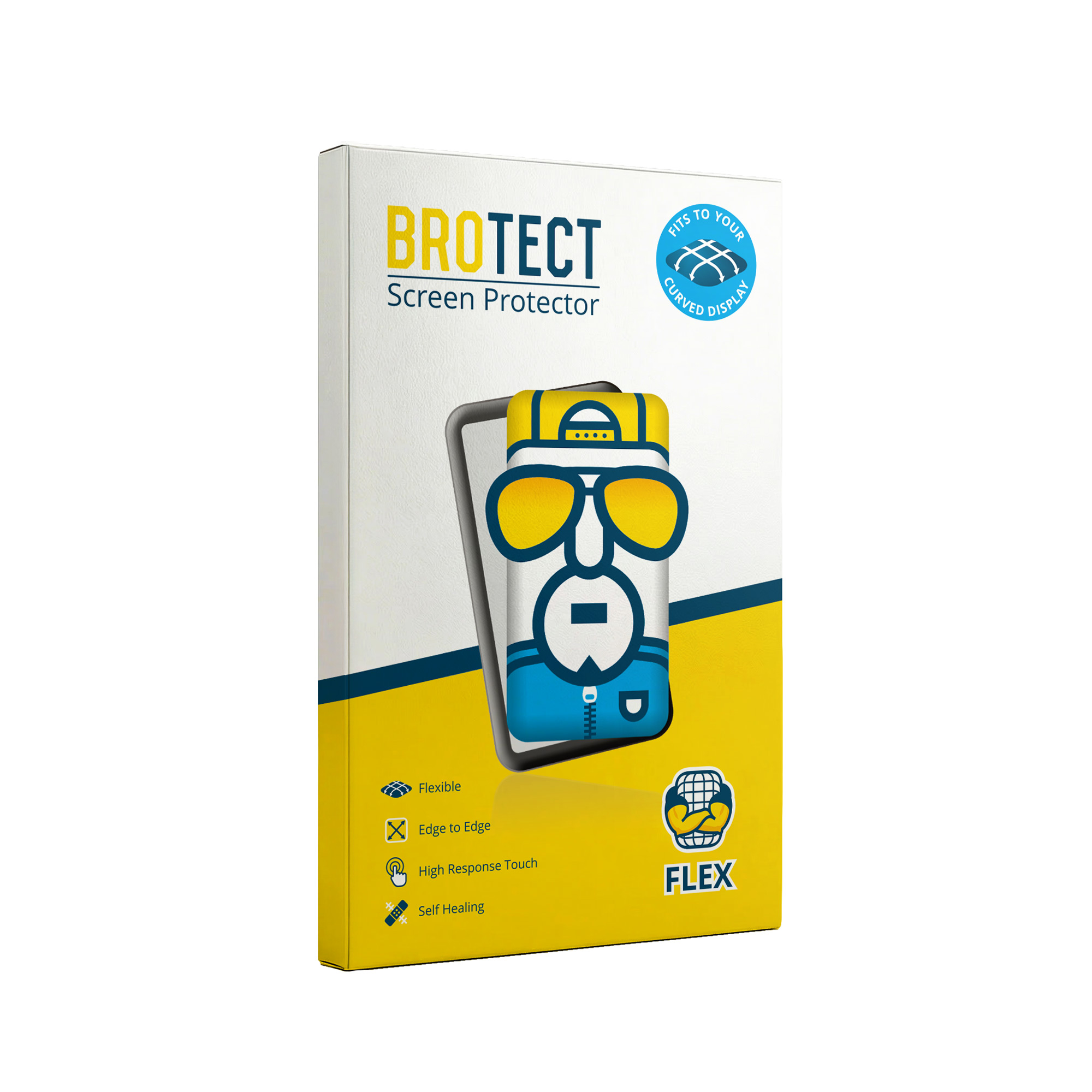 Verpackung eines BROTECT Displayschutzes mit Cartoon-Figur und Merkmalen.