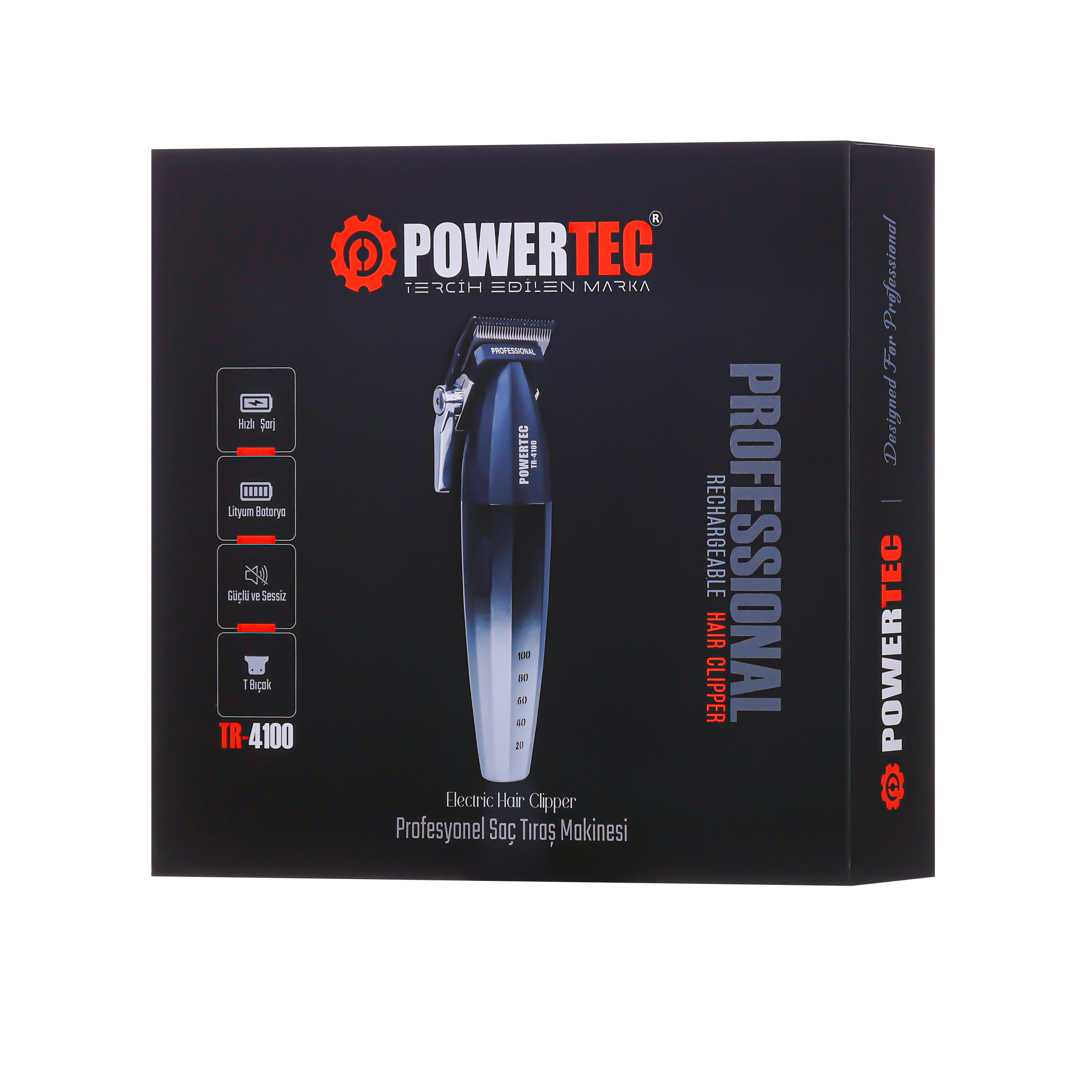 Powertec saç kesme makinesi kutusu, makine, hızlı şarj, pil, sessiz ve T-bıçak ikonları içerir.