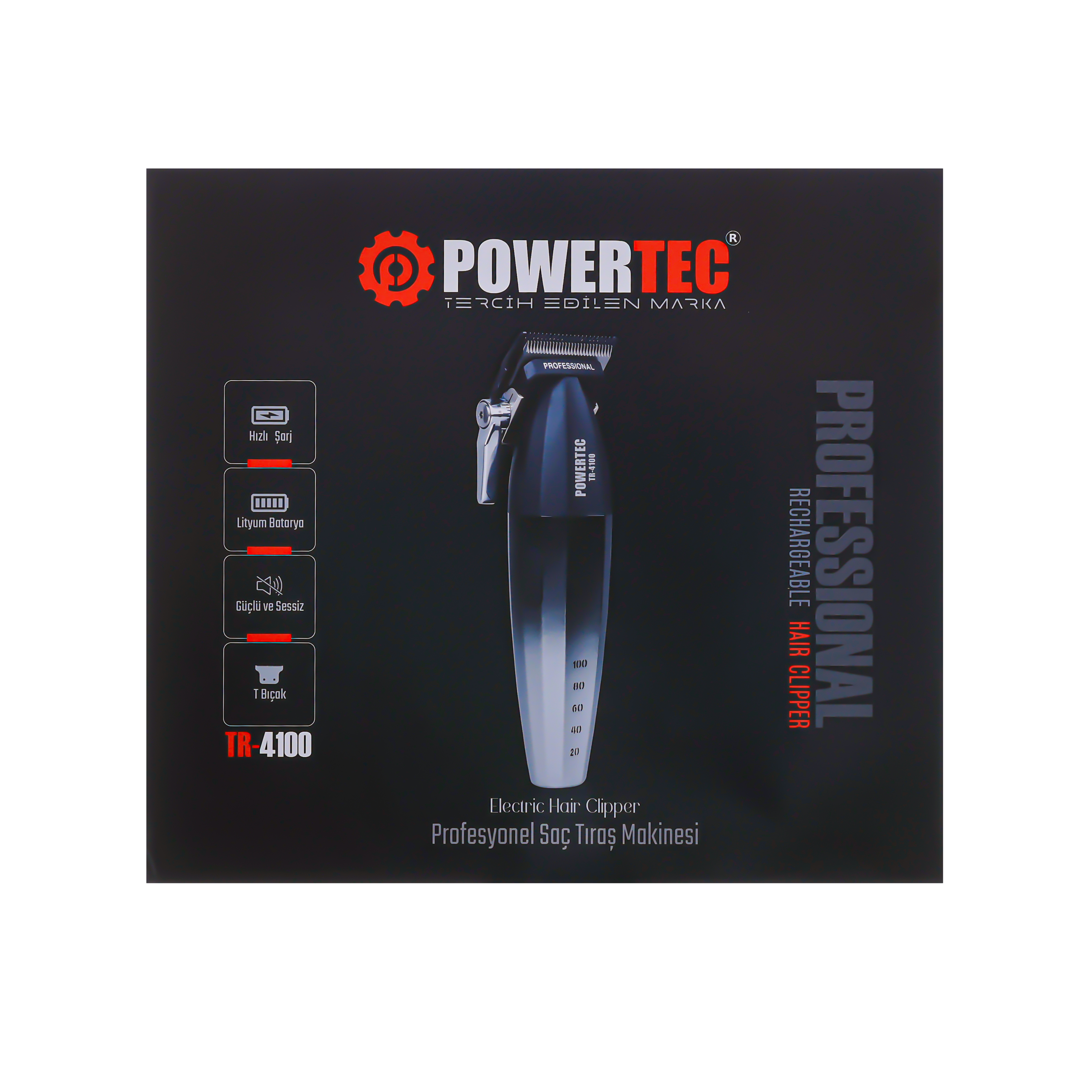 POWERTEC TR-4100 elektrikli saç kesme makinesi koyu zeminde.