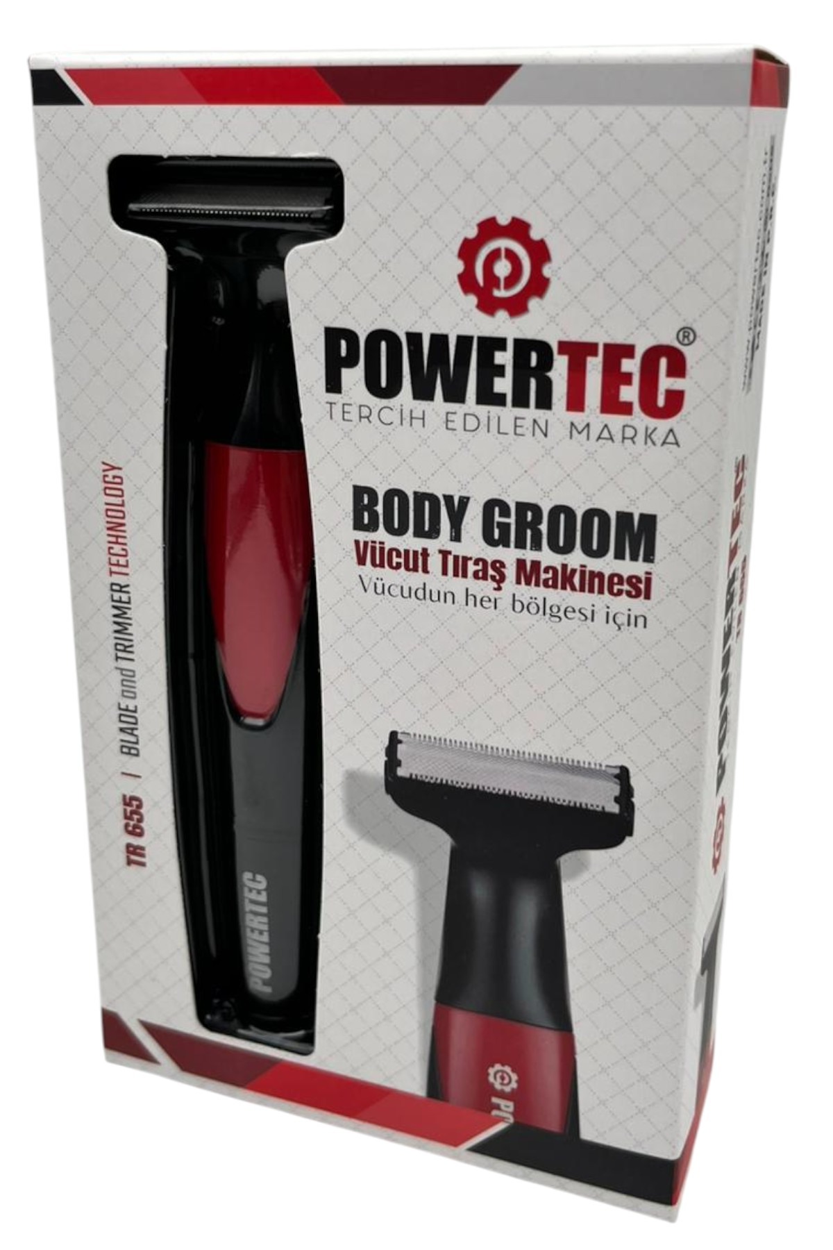 Powertec Vücut Tıraş Makinesi ürün kutusu, üzerinde makine ve başlığı var.