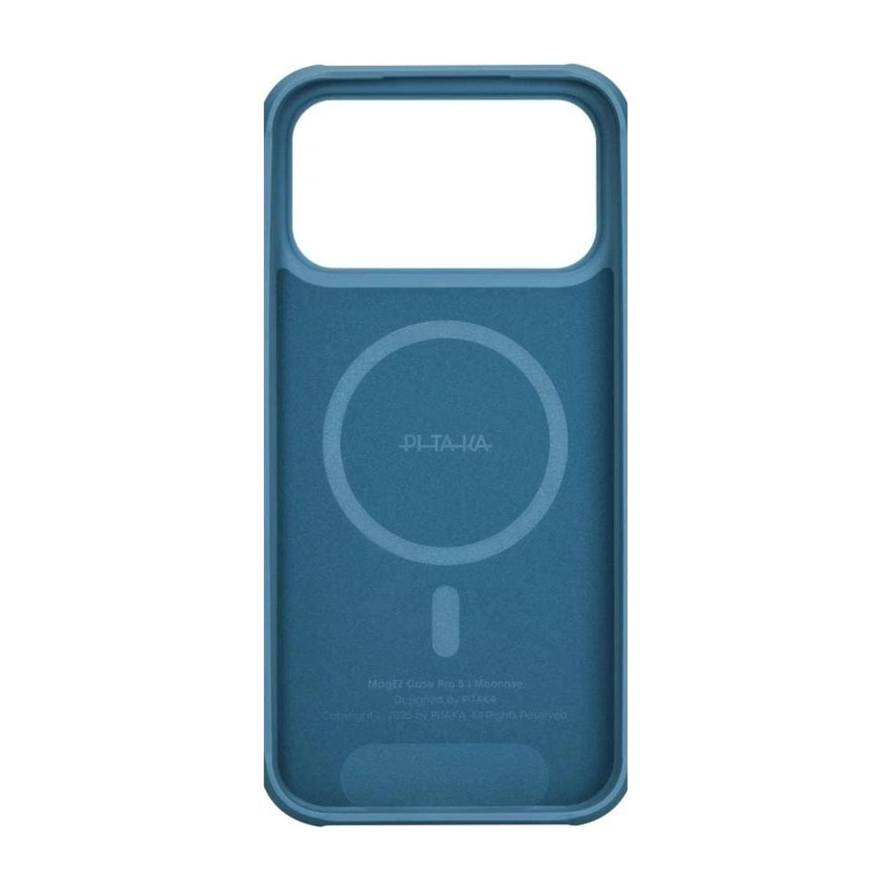 Custodia blu per telefono con anello magnetico e logo.