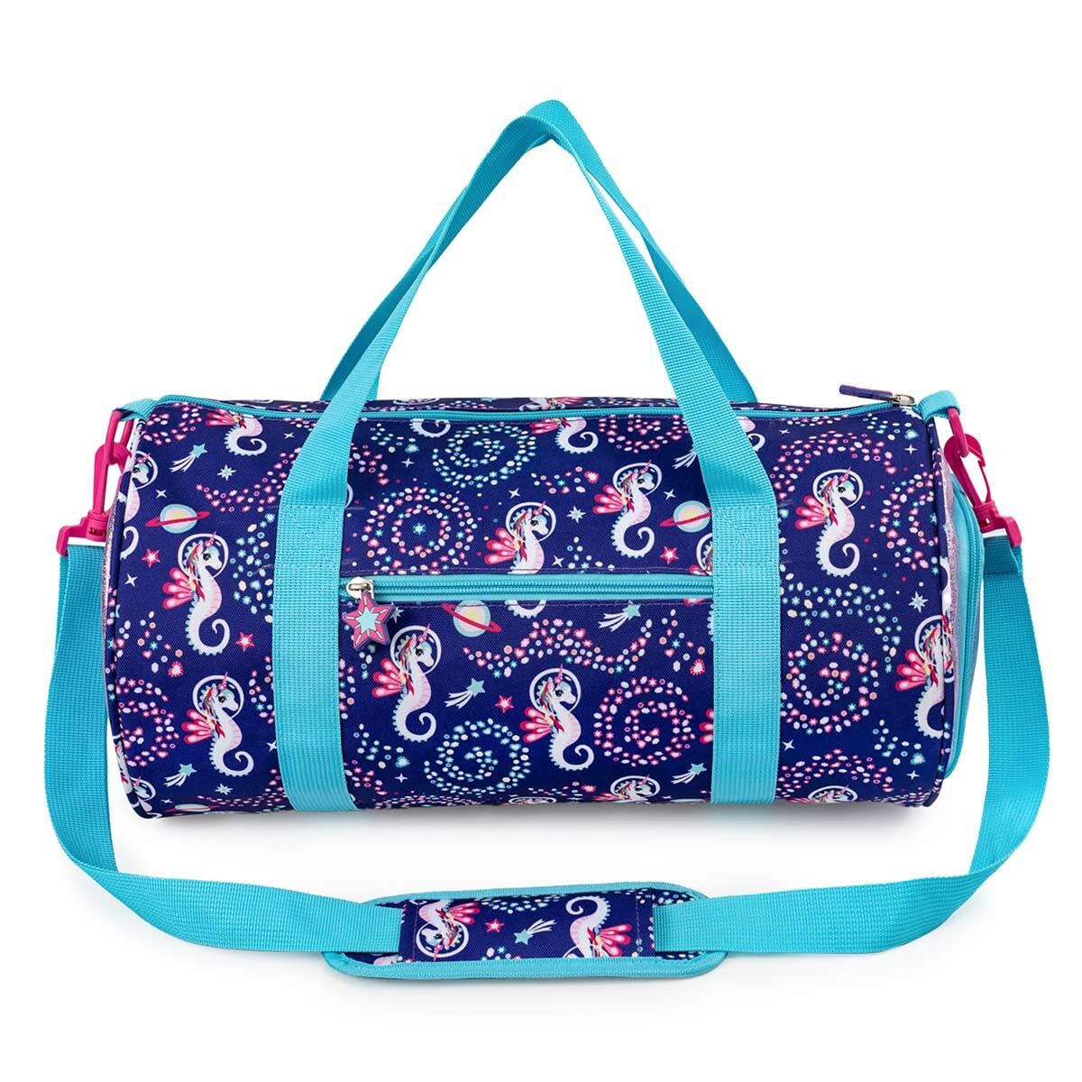 Una bolsa de lila azul marino con caballitos de mar, planetas y espirales.