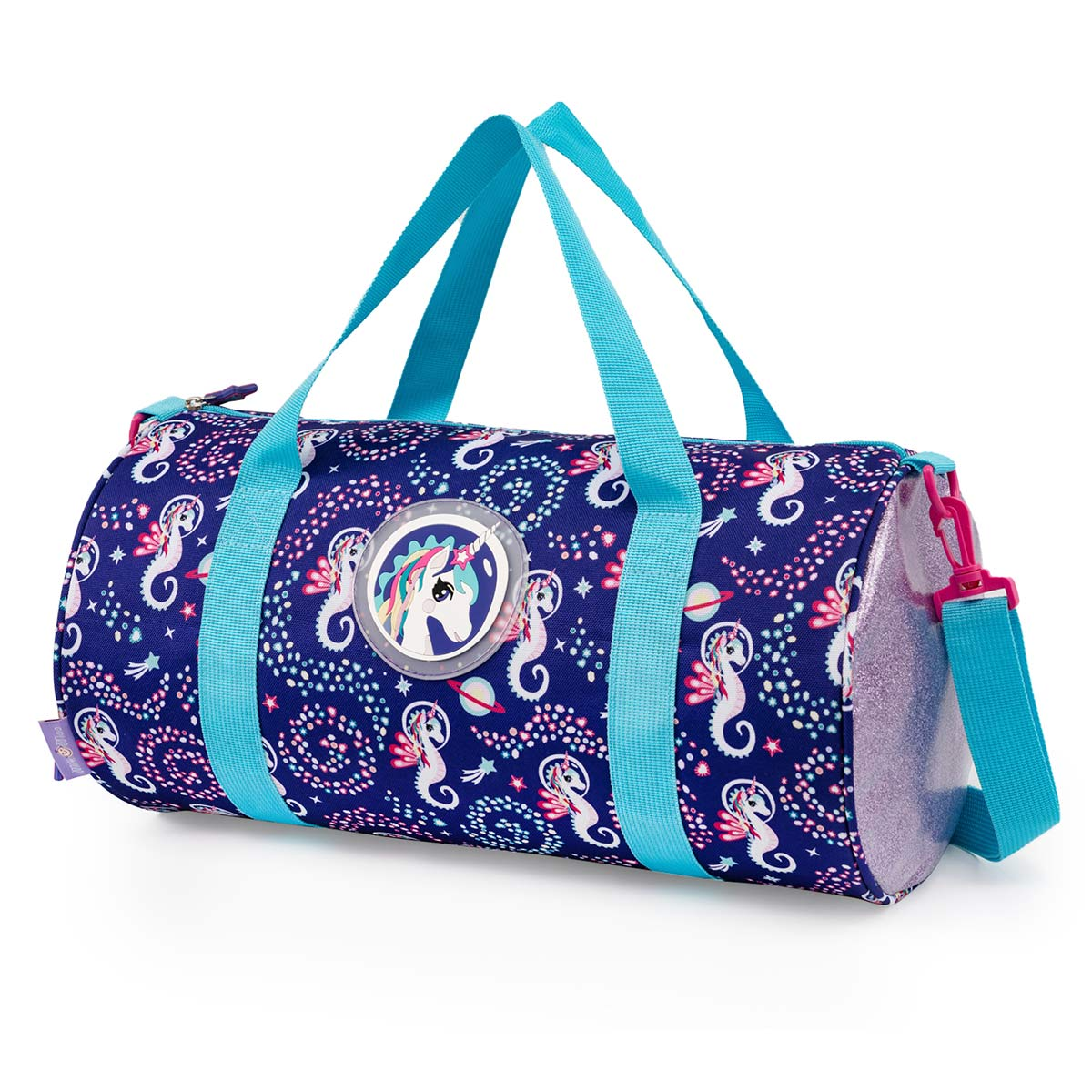 Bolsa de viaje azul marino con estampado de unicornio y caballito de mar, asas azules y detalles brillantes.