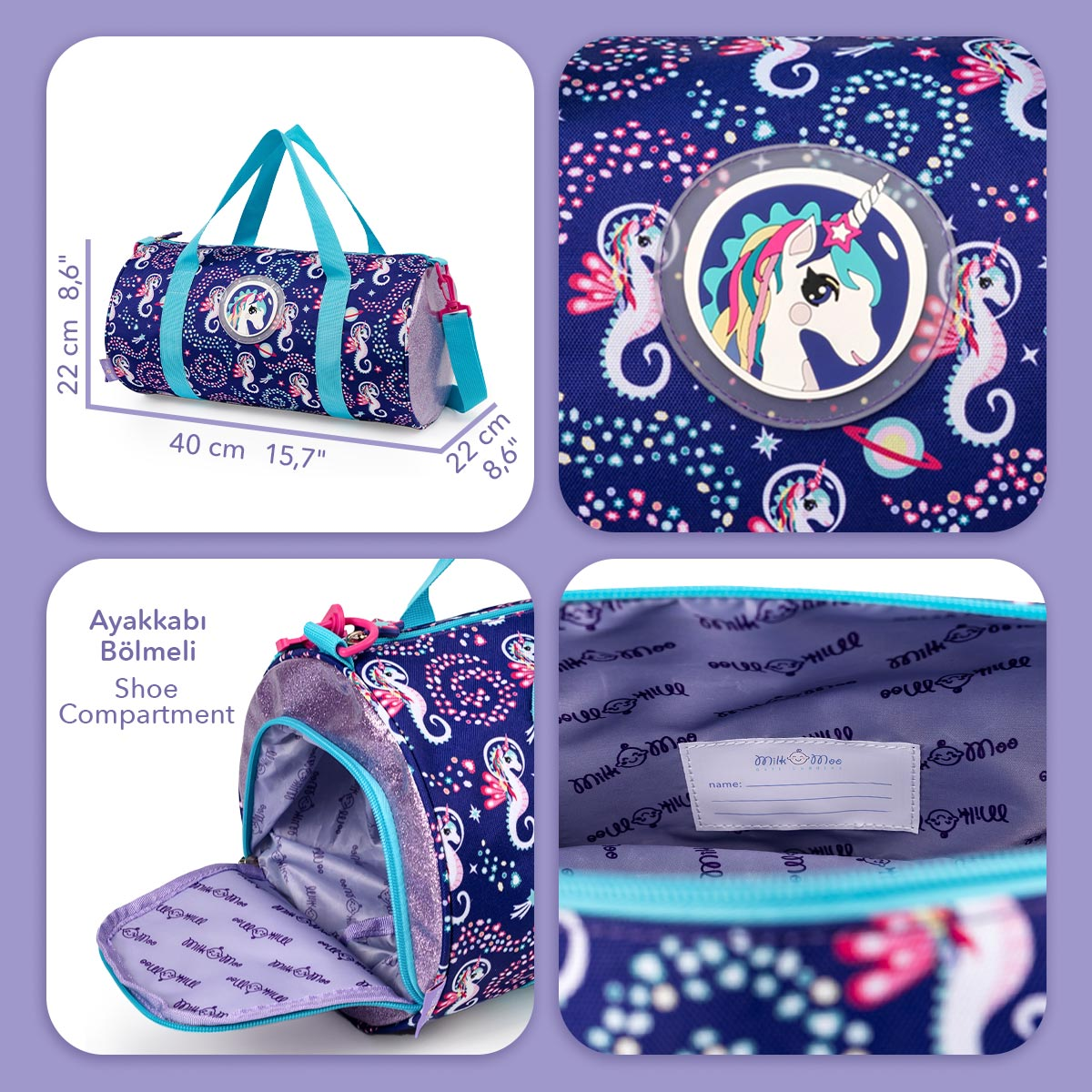 Bolsa deportiva con estampado de unicornio y caballito de mar, compartimento para zapatos.