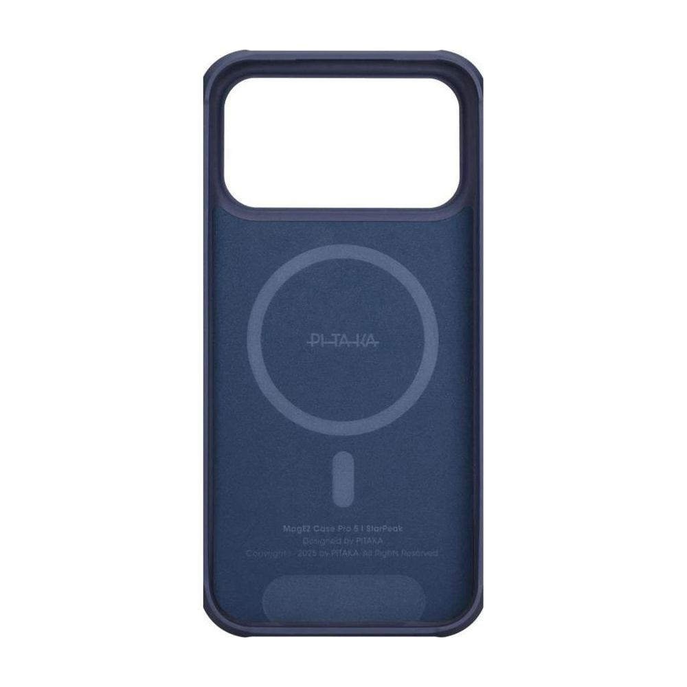 Dunkelblaue Handyhülle mit MagSafe-Kreis und PITAKA-Logo.