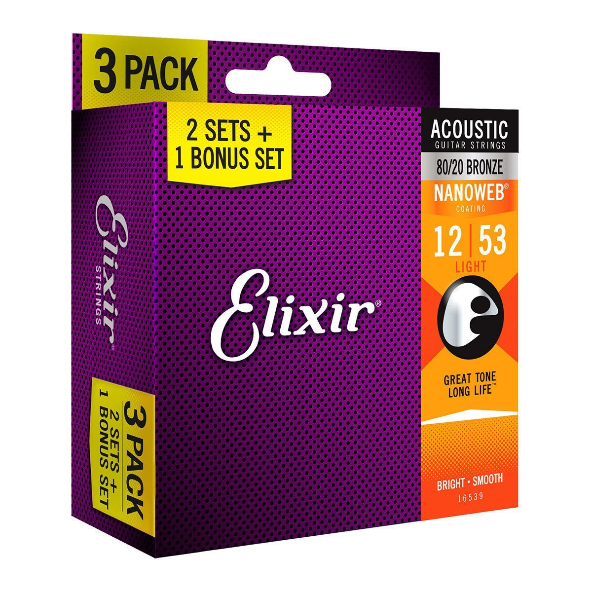 Elixir 3'lü Paket Akustik Gitar Teli, 80/20 Bronz, Nanoweb Kaplama, Hafif.