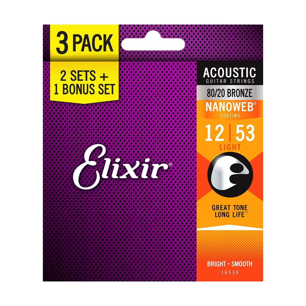 Elixir akustik gitar teli, 3'lü paket, %80 Bakır %20 Nikel, Nanoweb, Light 12-53.