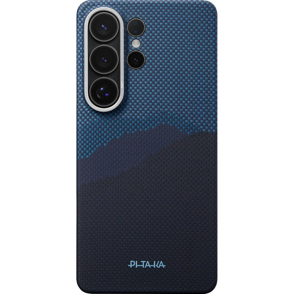 Etui na telefon z układem aparatu na ciemnoniebieskim, teksturowanym tle z grafiką góry.