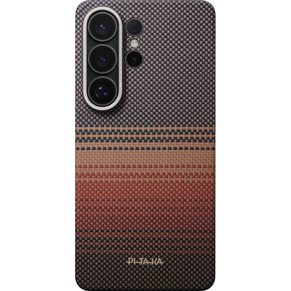 Parte trasera de un smartphone con textura a cuadros, degradado de azul a rojo.