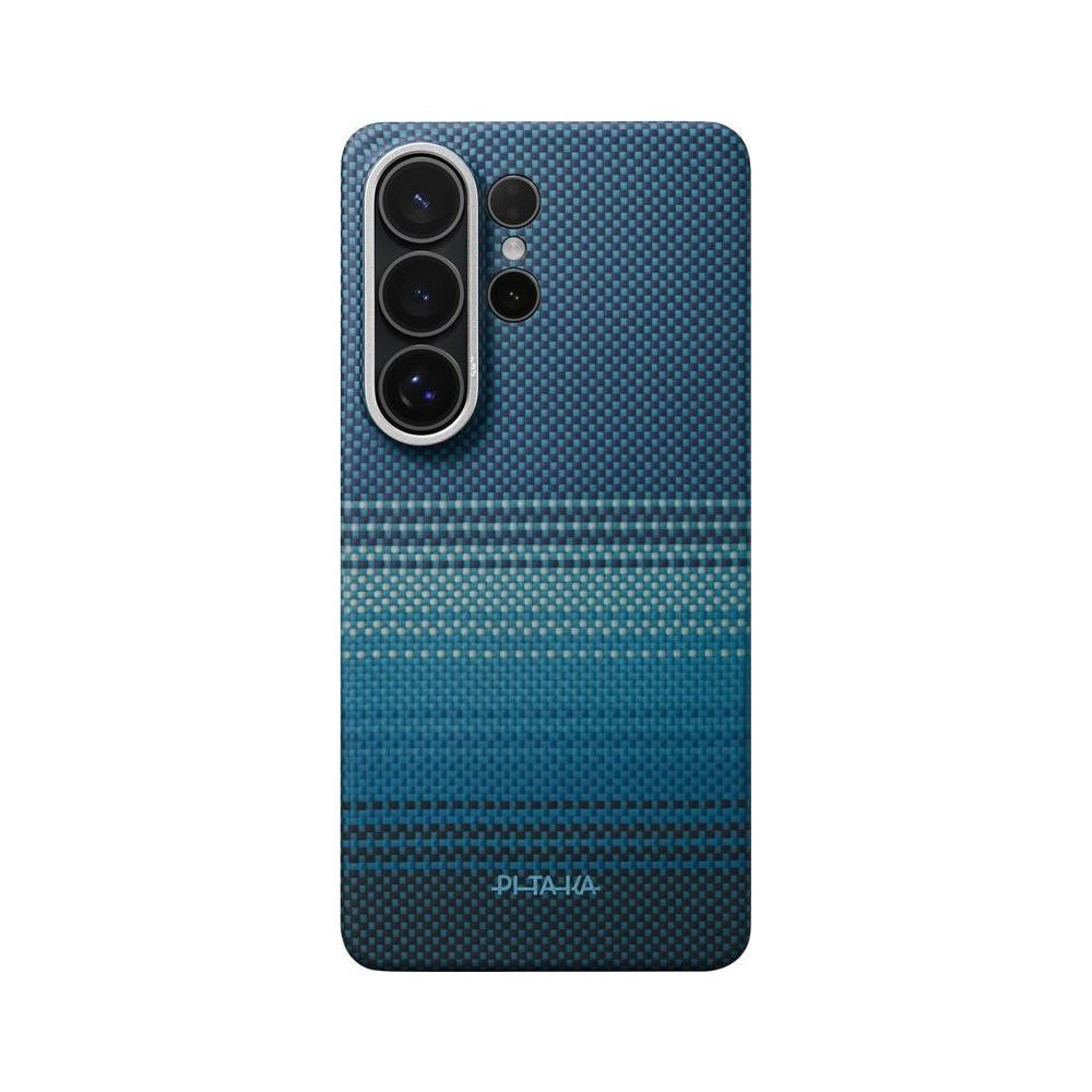 Una funda de teléfono azul con un patrón a cuadros y rayas horizontales.