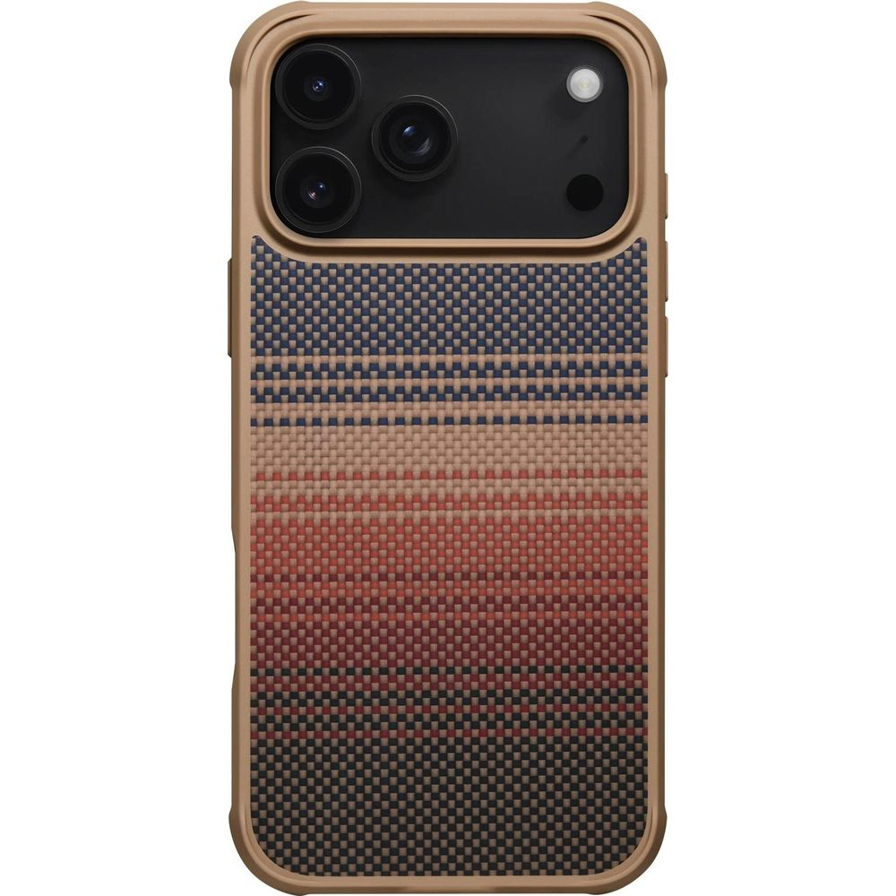Etui na iPhone z gradientowym wzorem niebieskim, czerwonym i beżowym. Kamera jest na górze.