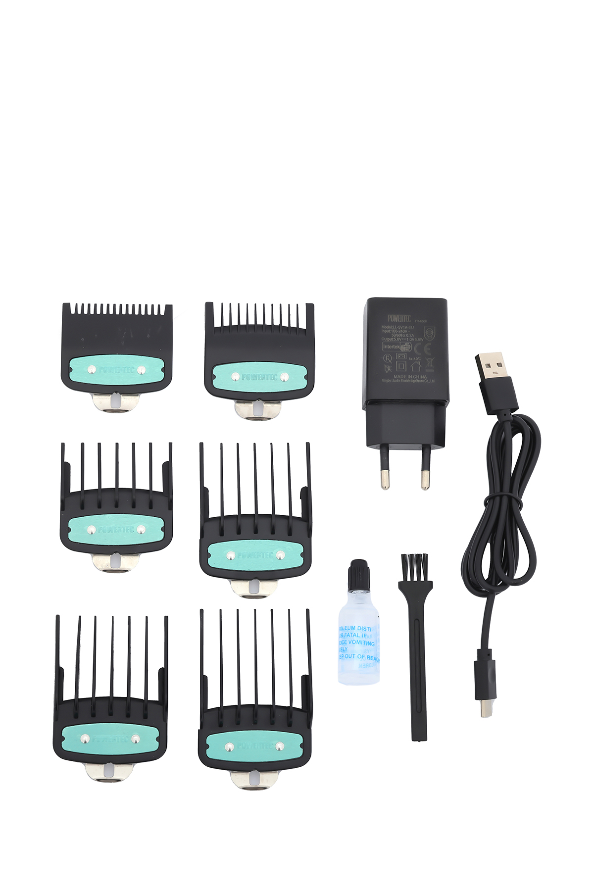 Güç adaptörü, USB kablosu, fırça, yağ ve saç kesme makinesi için altı tarak.
