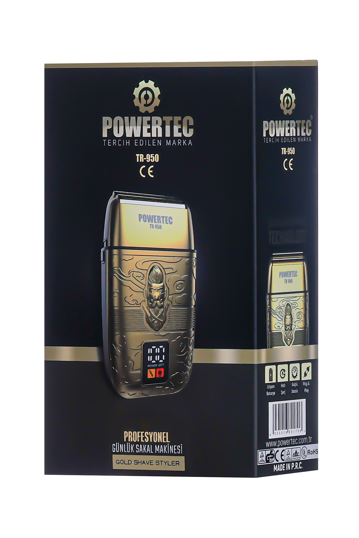 Ürün resmi ve teknik detayları ile altın rengi Powertec tıraş makinesi ambalajı.