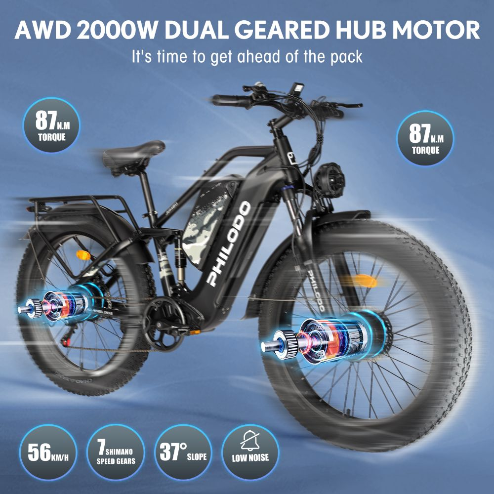 Bici elettrica nera con pneumatici grassi, 4WD, motore doppio 2000W, coppia 87 Nm.