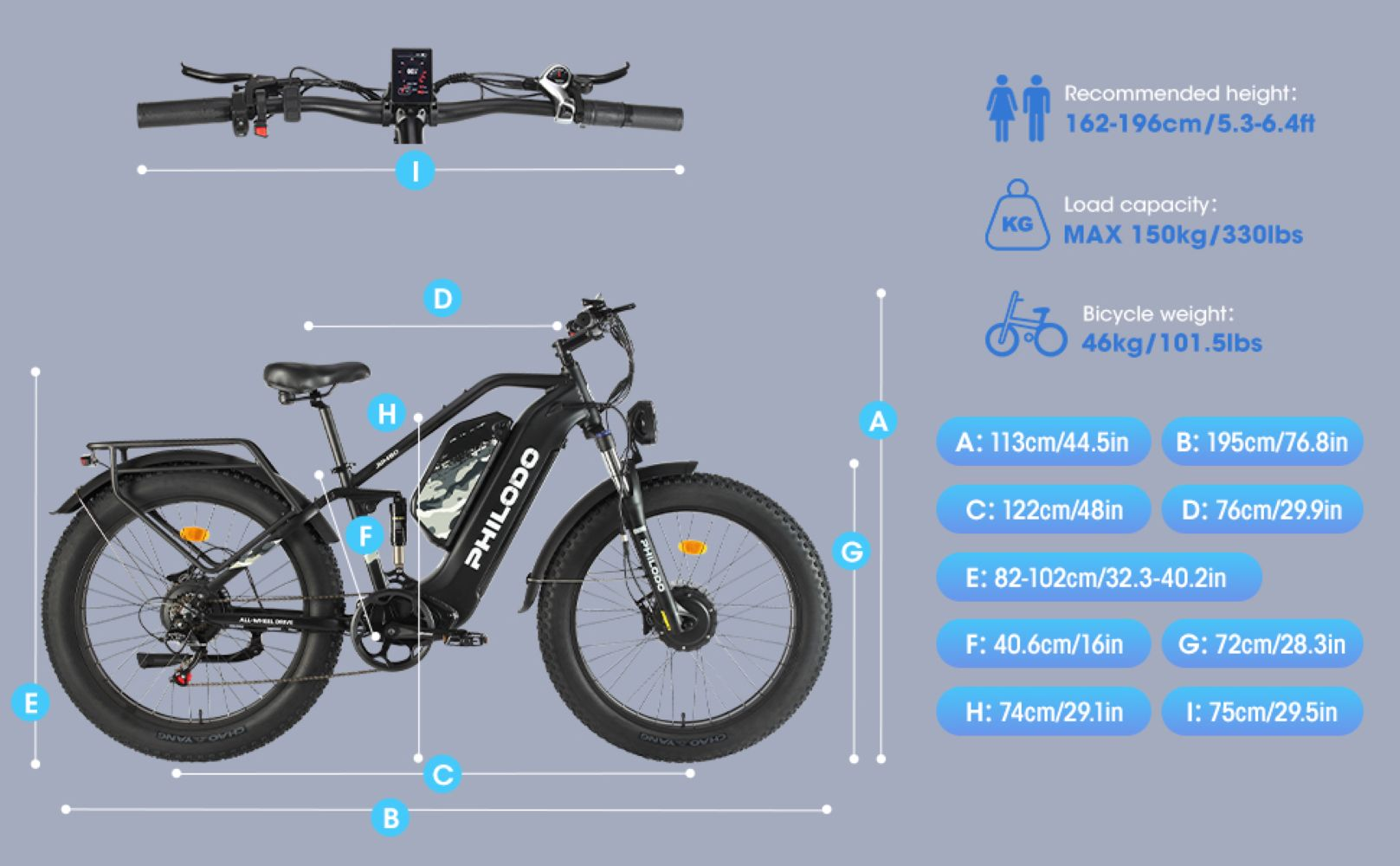 Una e-bike nera con pneumatici larghi, con etichette di misurazione e specifiche.