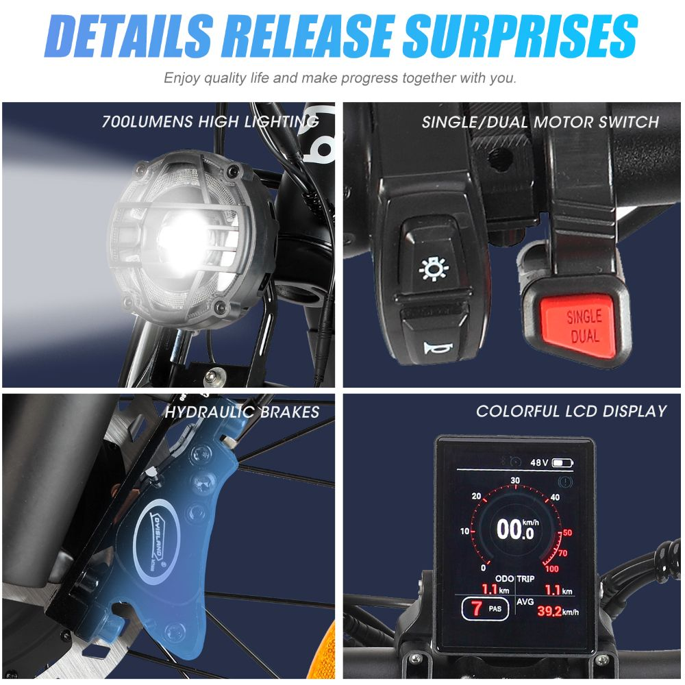 Parti di bicicletta: faro da 700 lumen, interruttore, freni idraulici, display LCD.
