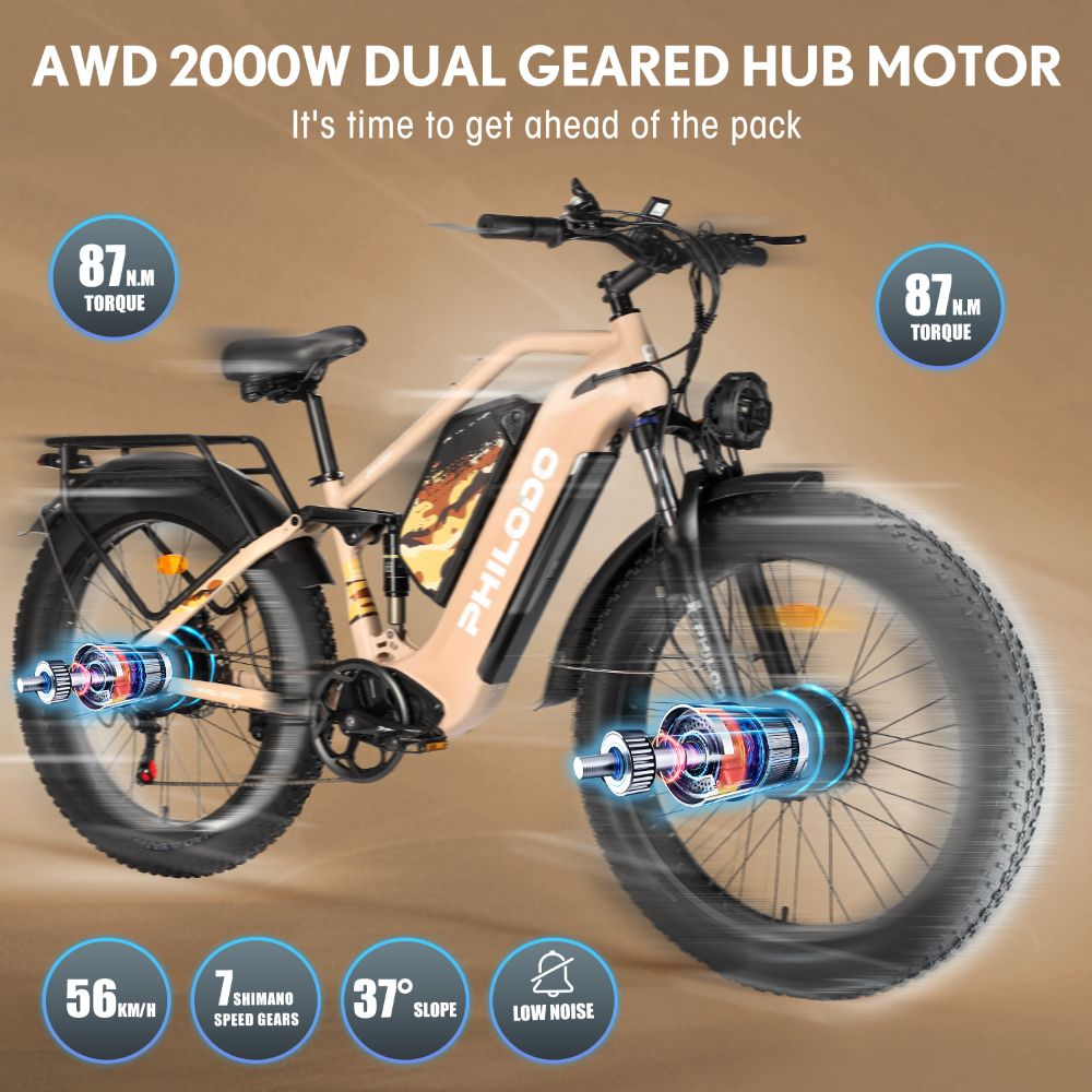 E-bike beige con pneumatici grassi, doppio motore e specifiche come 87Nm coppia.