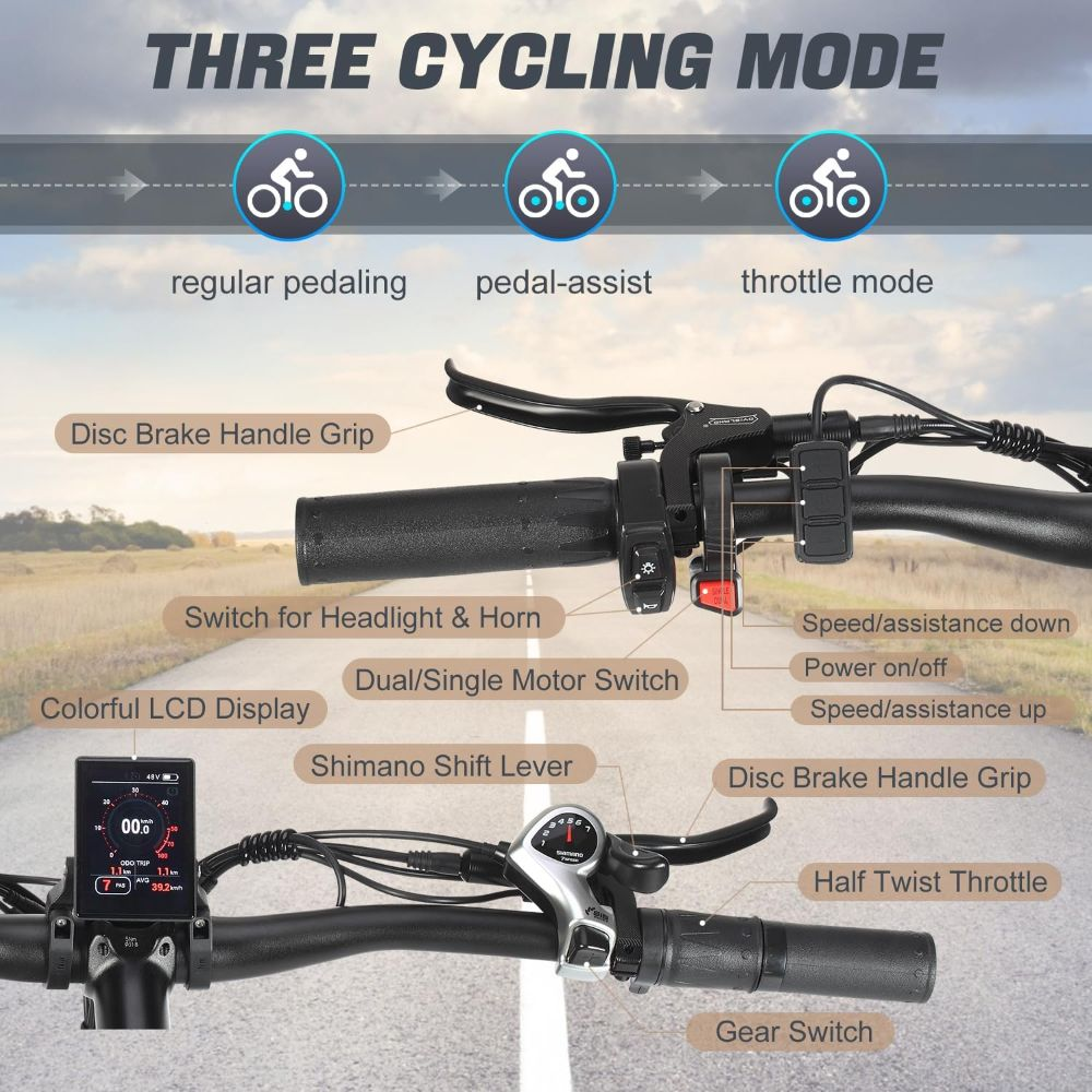 Manubrio e-bike con comandi: display LCD, leve cambio, manopola acceleratore e leve freno.