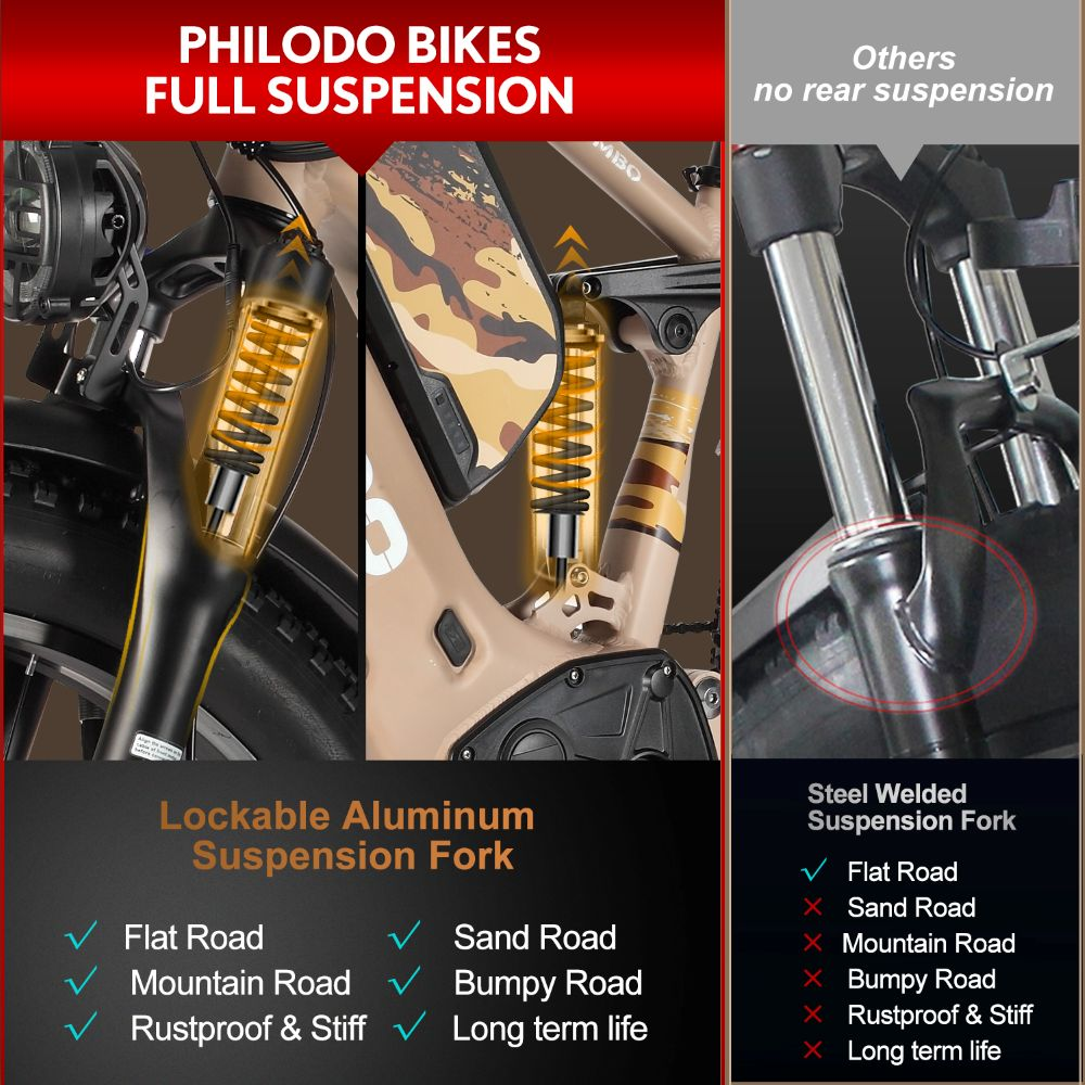 Bici Philodo full suspension con forcella in alluminio bloccabile vs altre.