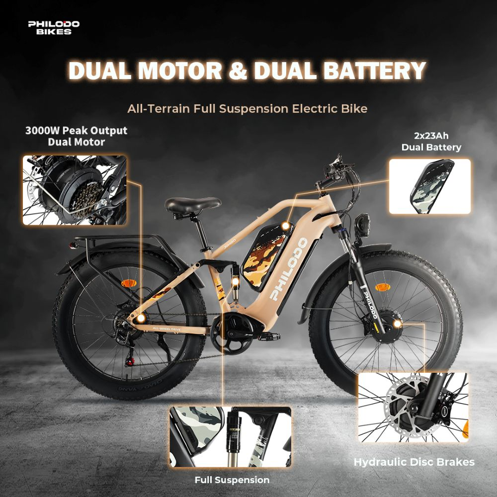Una bici elettrica color cuoio con ruote grasse, doppio motore e batteria.