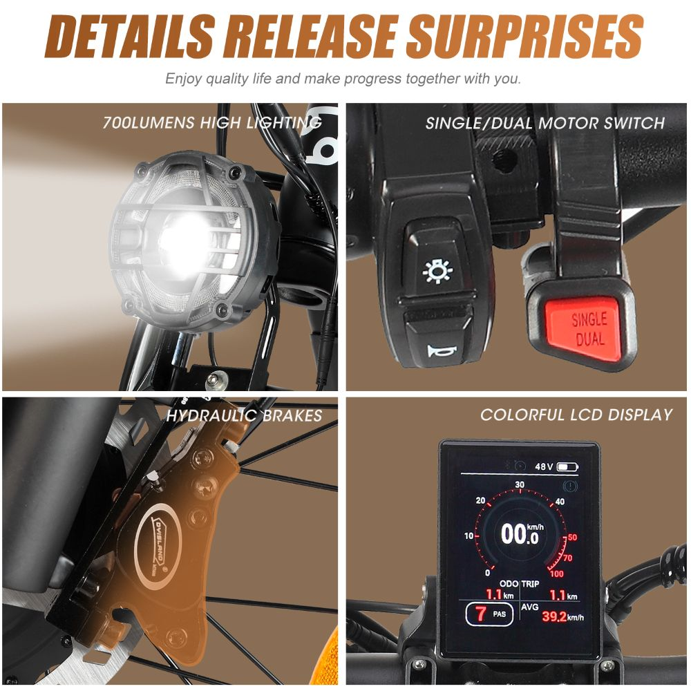Quattro dettagli delle caratteristiche di e-bike: faro, interruttori, freni e display LCD.