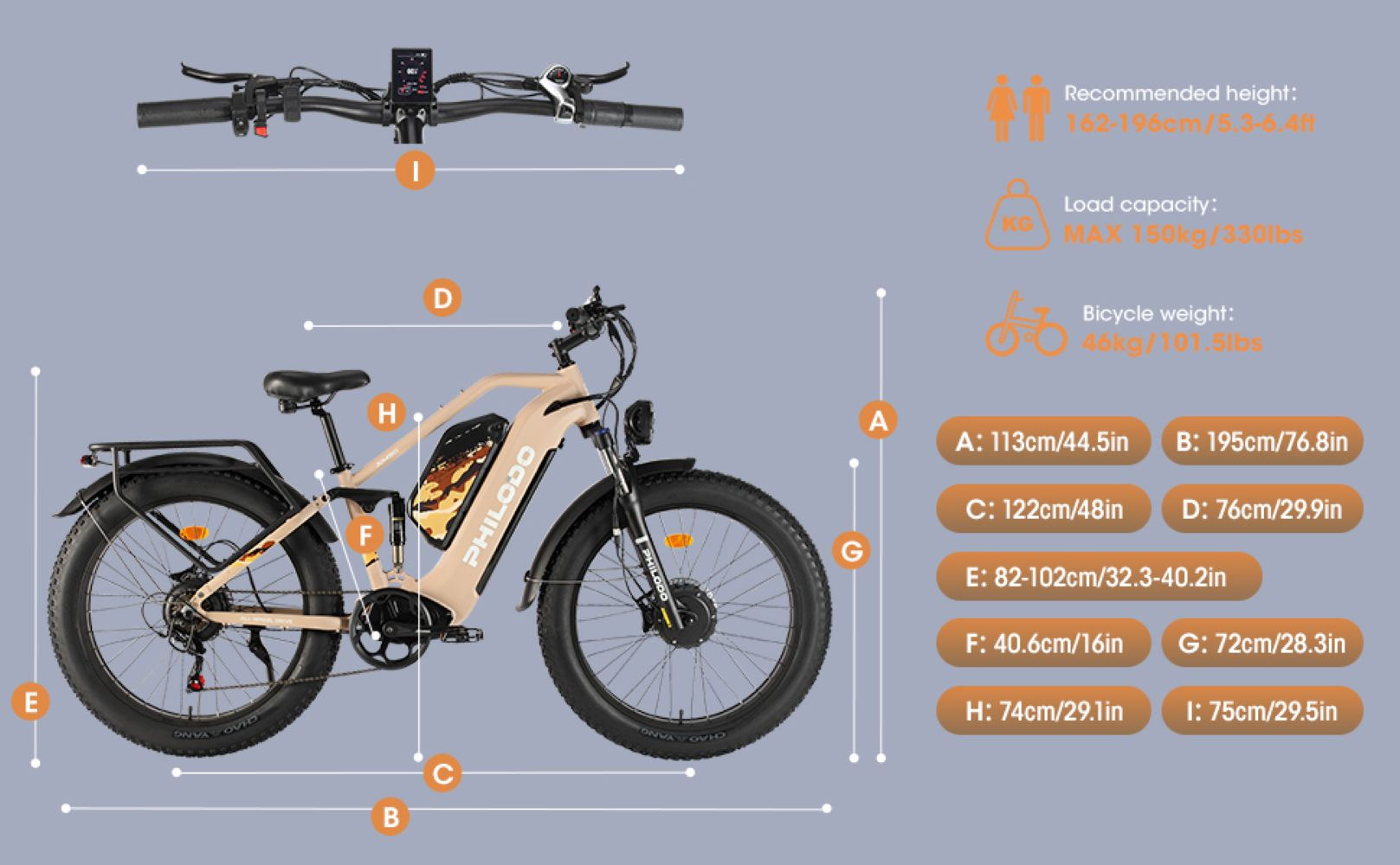 Una e-bike beige con pneumatici grassi, con dimensioni e specifiche dettagliate.