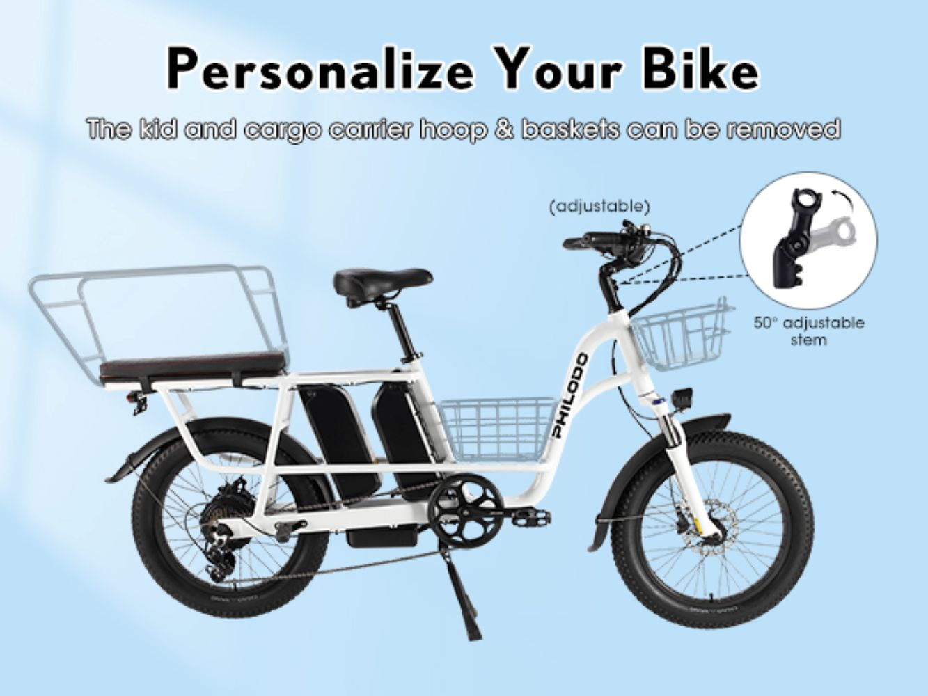 Una bicicleta eléctrica blanca con portaequipajes trasero y cesta delantera extraíbles.