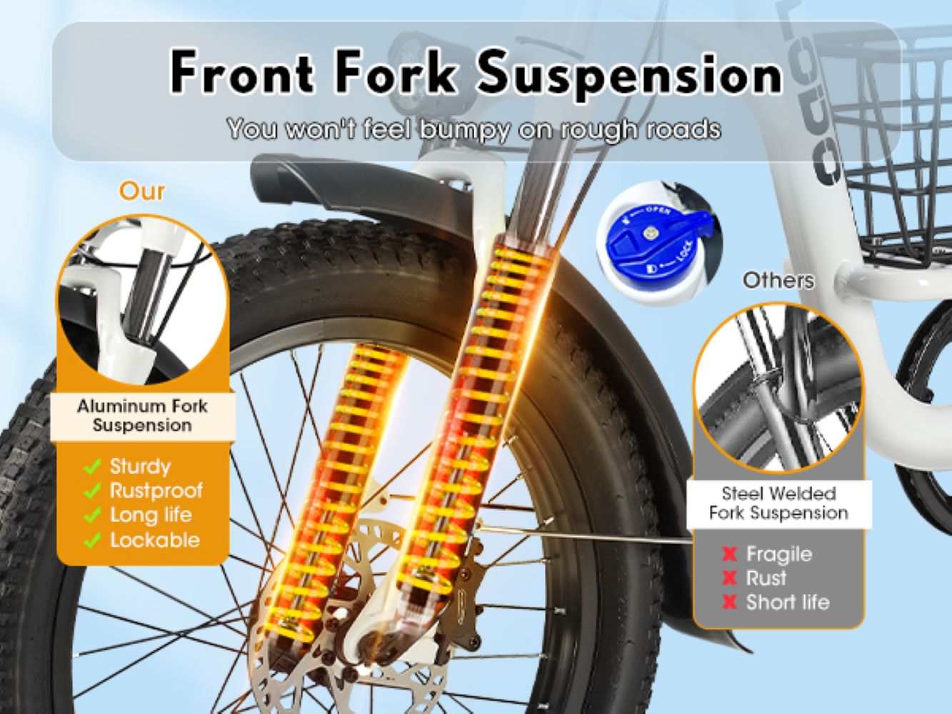 Suspensión de horquilla delantera de bicicleta con horquilla de aluminio y resortes.