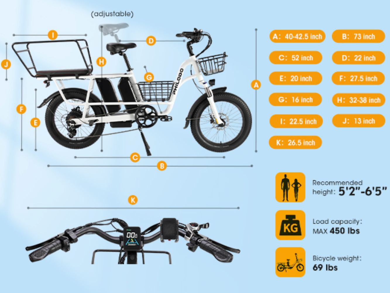 Una bicicleta eléctrica blanca con portaequipajes, cesta y pantalla. Se muestran las dimensiones.