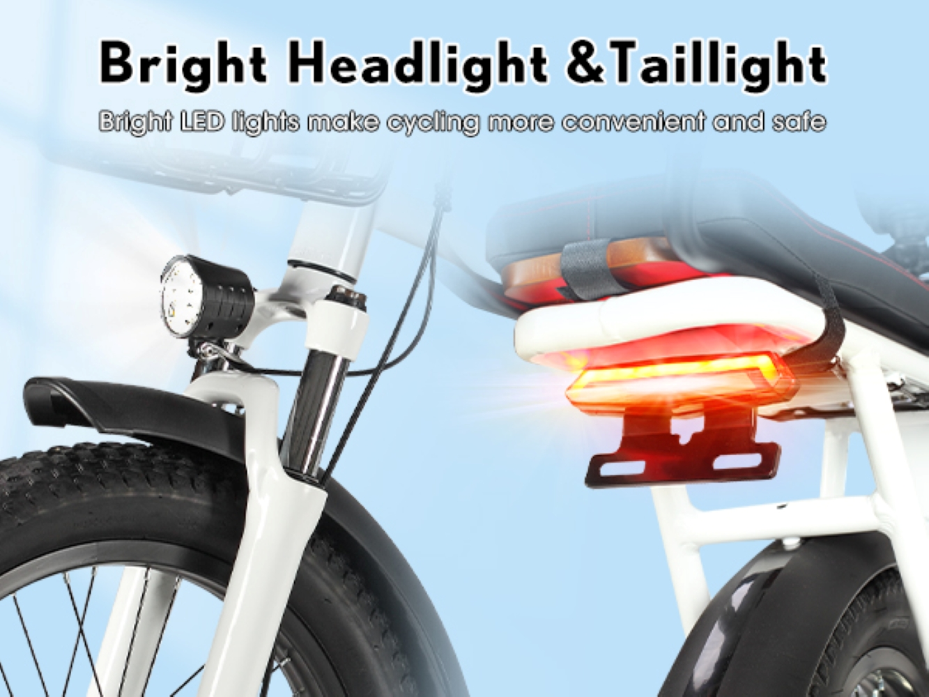 Una bicicleta blanca con faros y luces traseras brillantes contra un cielo azul.